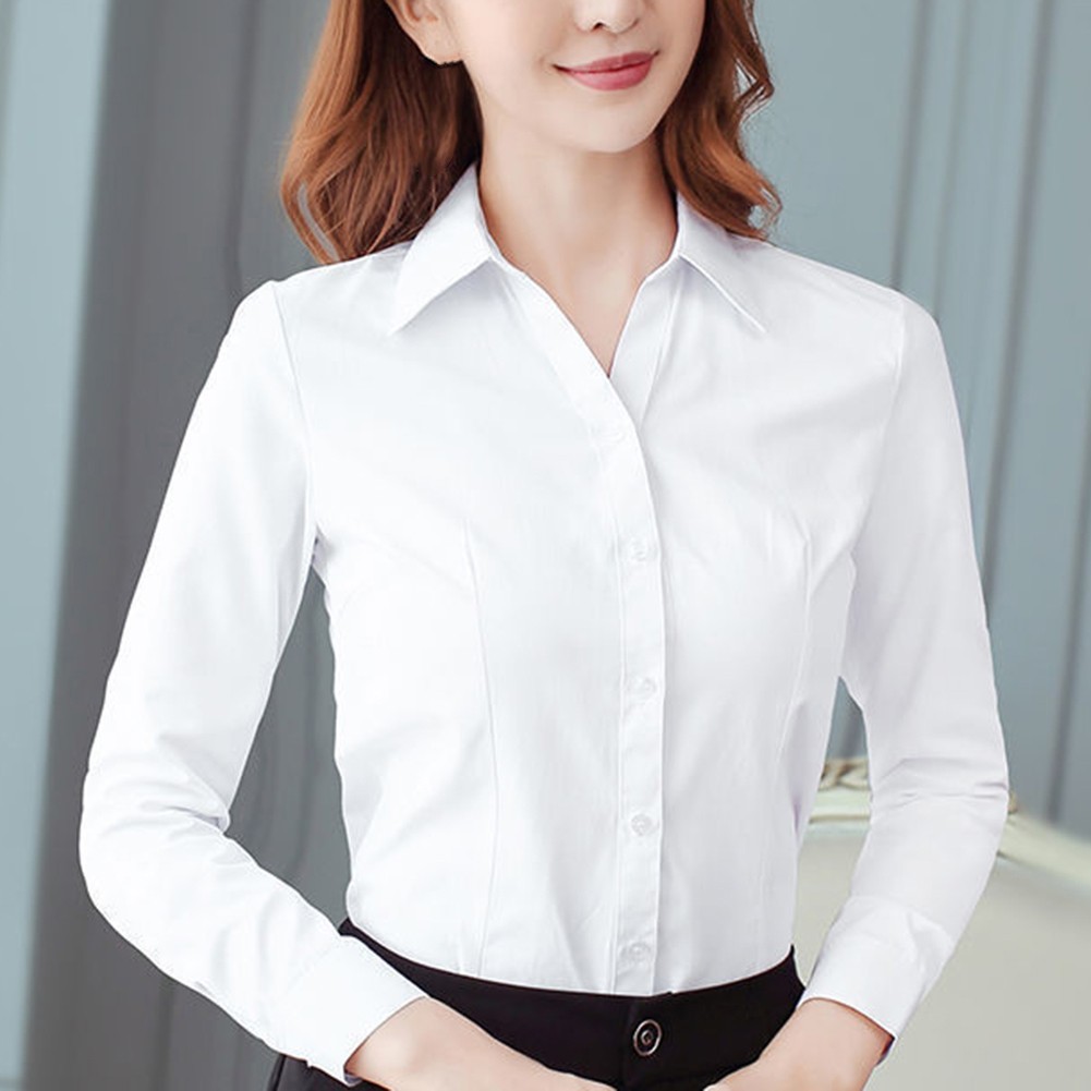 Ladies Office Lady Business Shirt Women Solid Button Up Long Sleeve Blouse