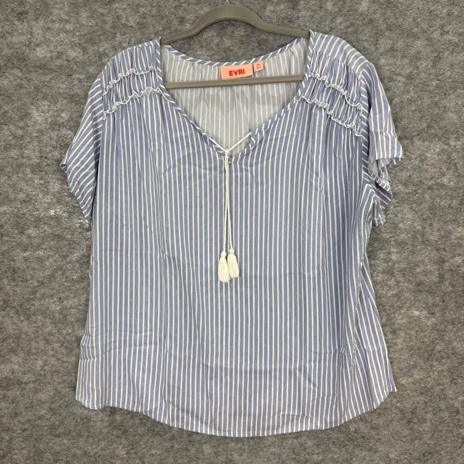 EVRI Women’s 2X Top Blue White Striped Tassel Blouse Boho Coastal Casual Summer