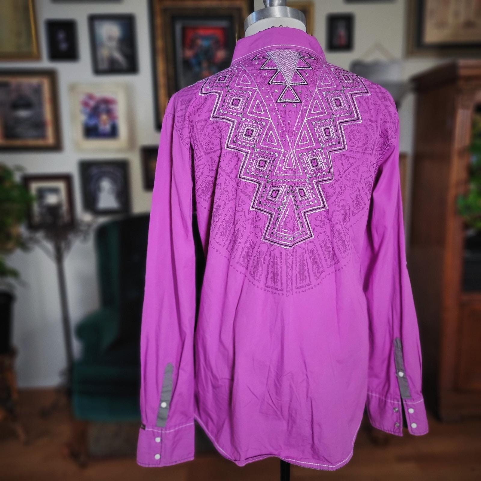 Cowgirl Up Western Shirt Vintage Y2K Purple Embroidered Snap Front Long Sleeve