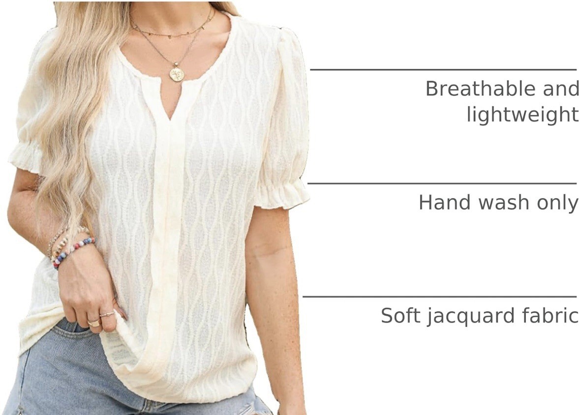 EVALESS Womens Medium Top Cute Puff Sleeve Blouse Front Placket Ivory Textured