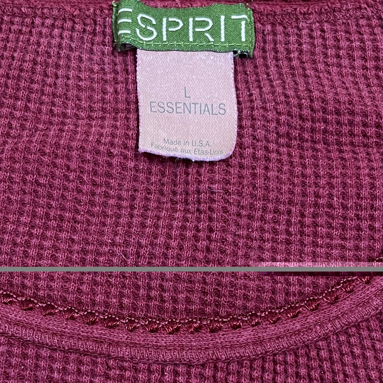 Vintage ESPRIT Waffle Knit Top Womens L Burgundy 100% Cotton Y2K USA Made