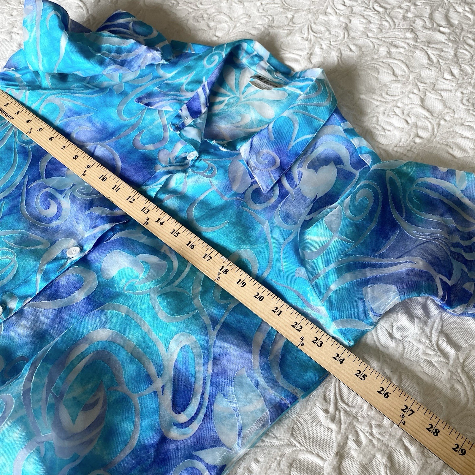 ALL HOURS Women XL Turquoise Blue Sheer Button Front Blouse USA Made Vtg Artsy
