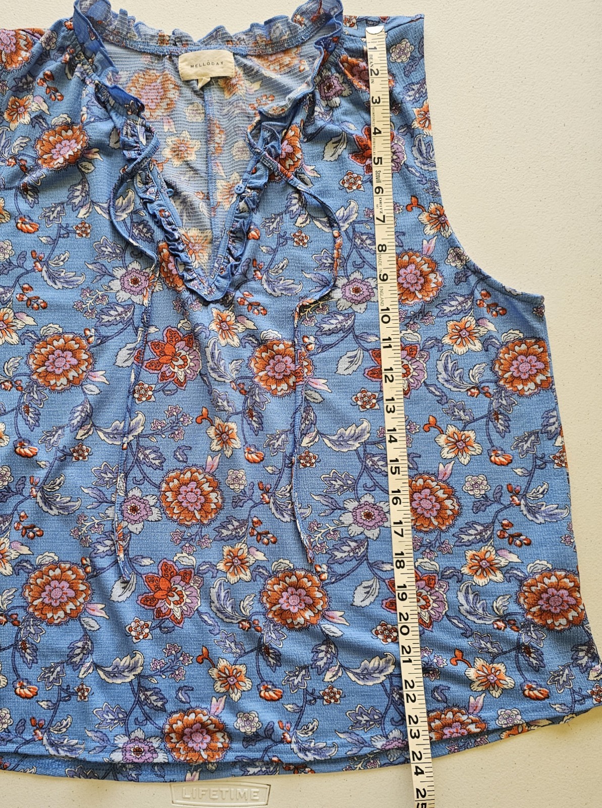 Ladies Blue & Orange Floral Tank Blouse Button/Loop Closure w/tie String SizeXL