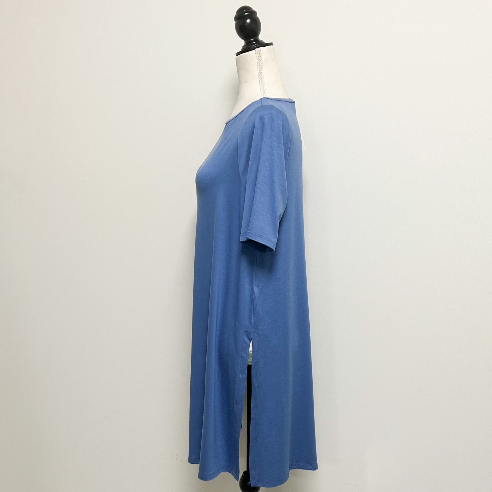 Eileen Fisher Coast Blue Short Sleeve Long A Line Tunic Wide Side Slits XS NWT