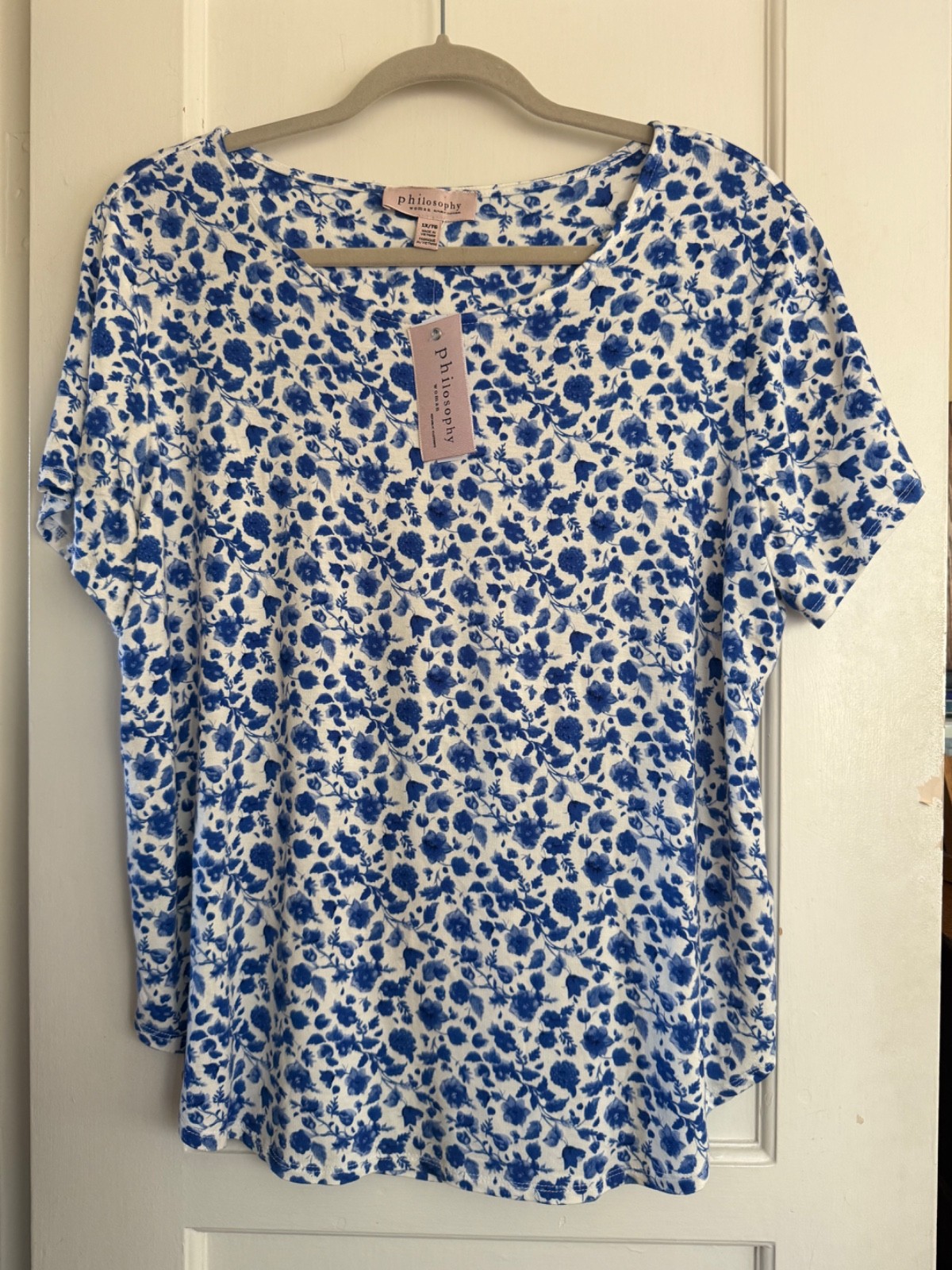 NWT $58 PHILOSOPY Knit Boho Top Shirt Tunic Short Sl Plus Sz 1X Floral Blue