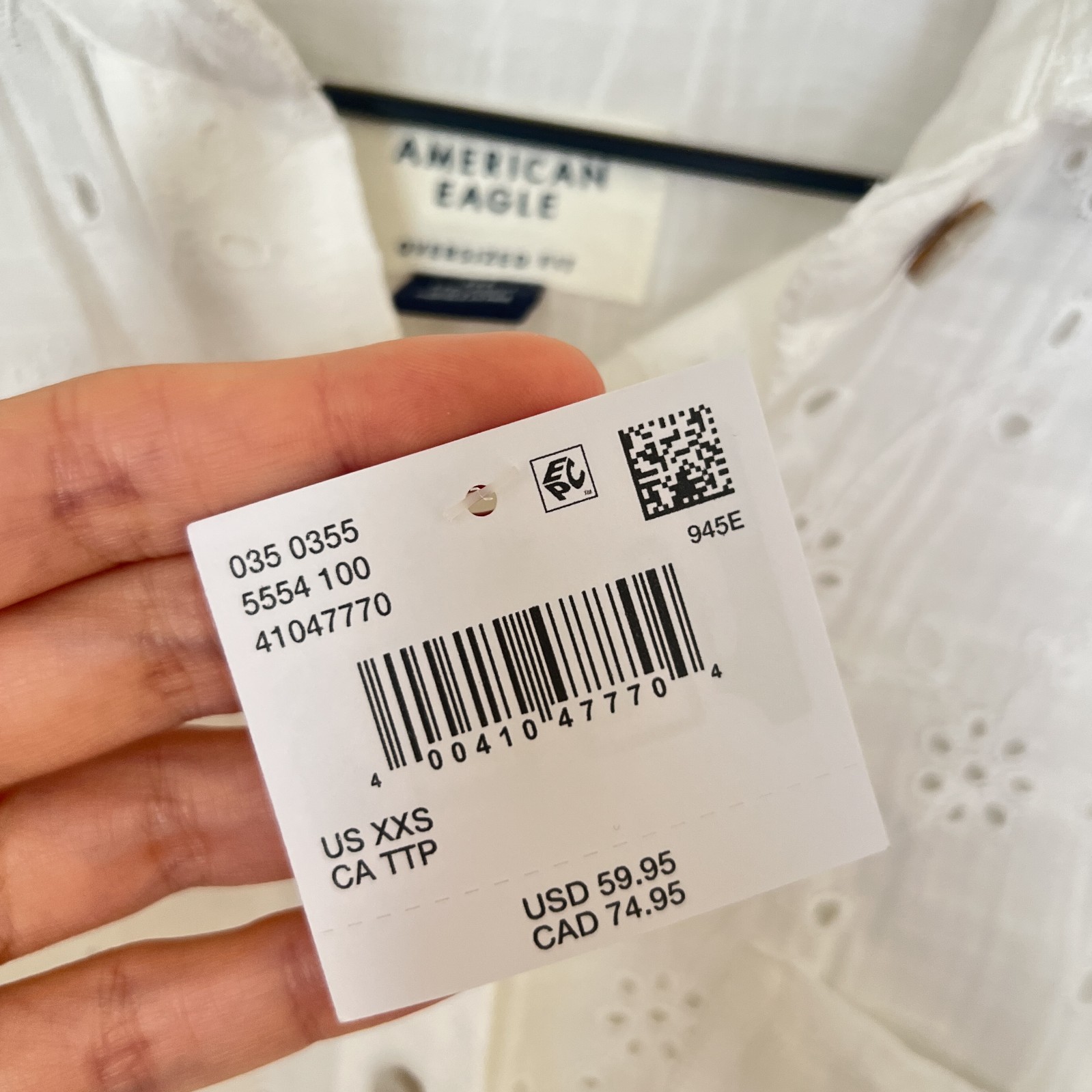 NWT American Eagle White Go Big Oversized Eyelet Embroidered Shirt Size XXS