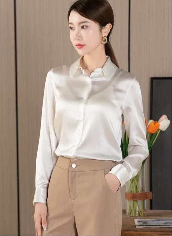 Imitated Silk Satin Long Sleeve Button Down V Neck Workwear Blouse Top Shirts