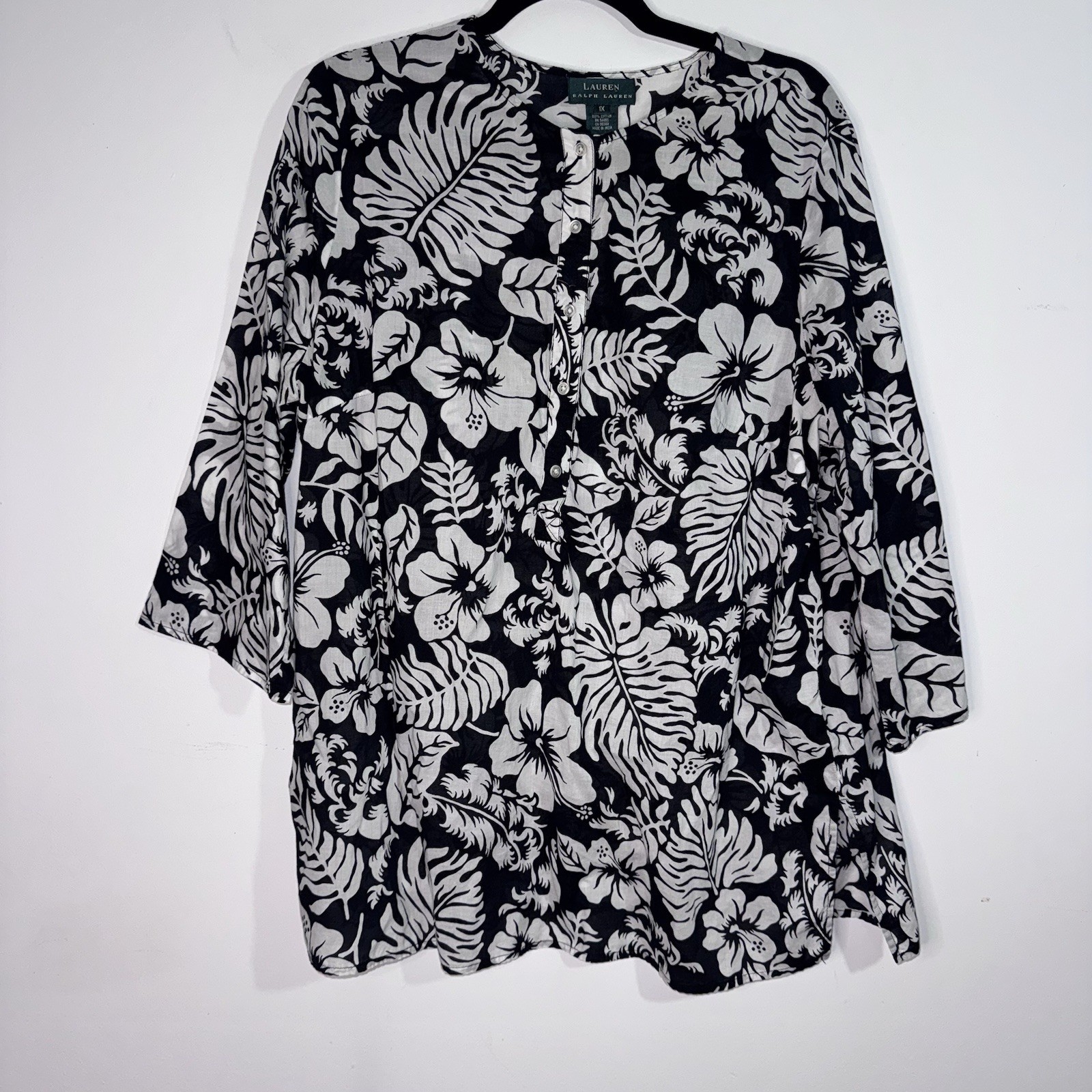 Lauren Ralph Lauren 1X Black White Tropical Cotton Tunic Top Plus