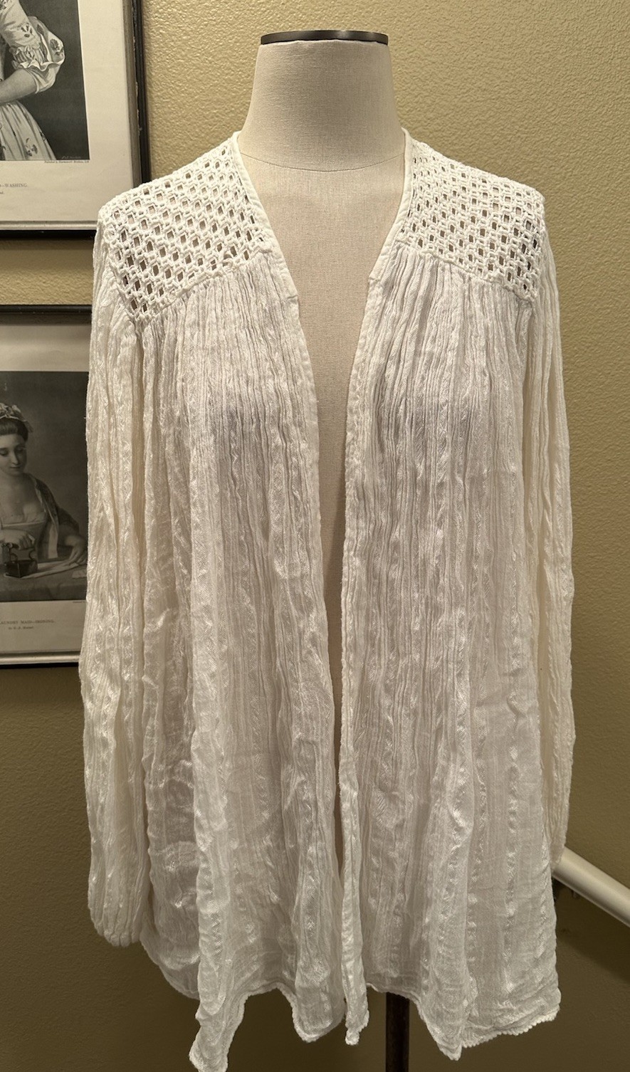 Grecian Look Made In Greece White Cardigan Blouse W Crochet Trim One Size