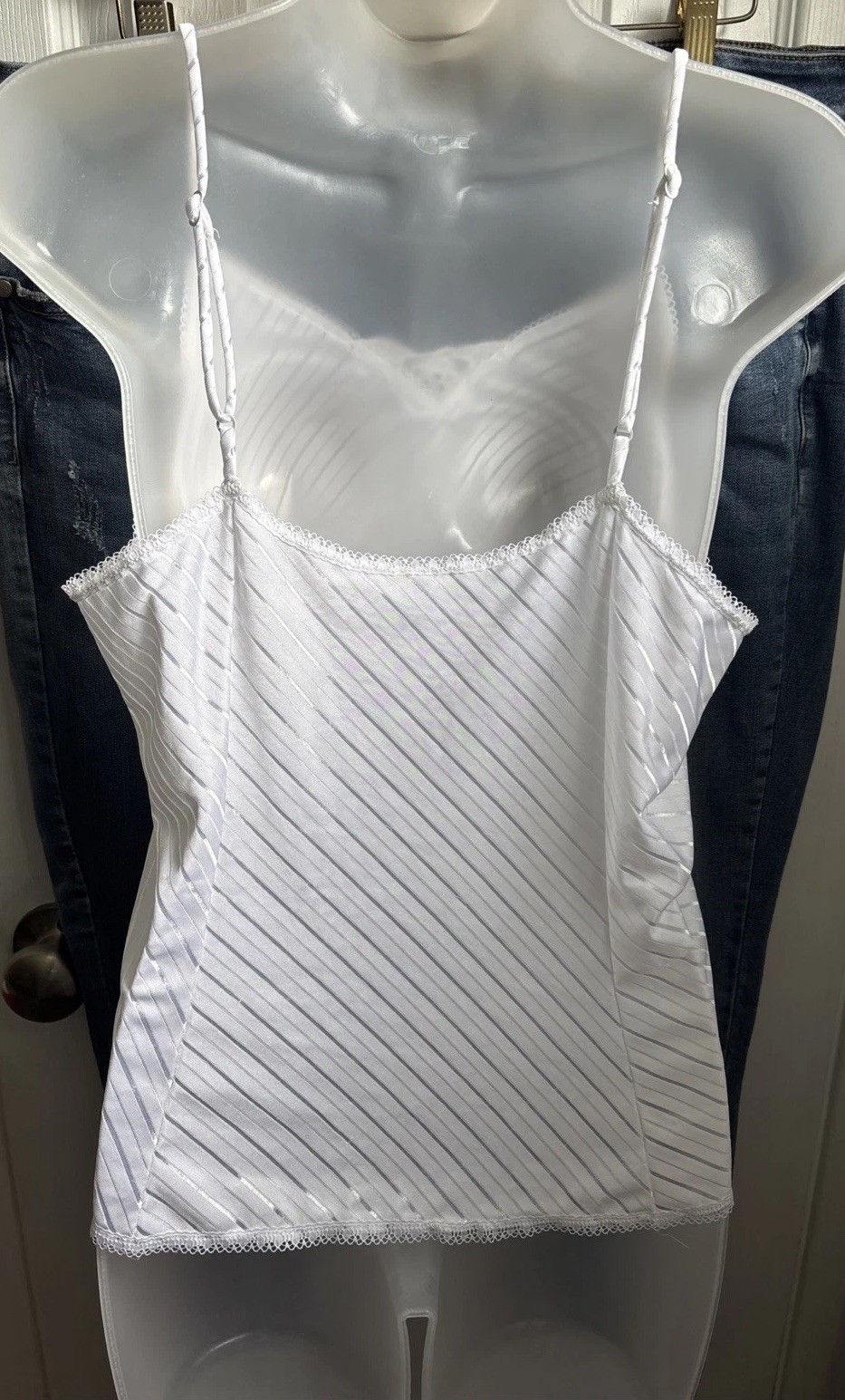 VTG Warners Bright Stripes White satiny Lace Cami tank Top lingerie Girly