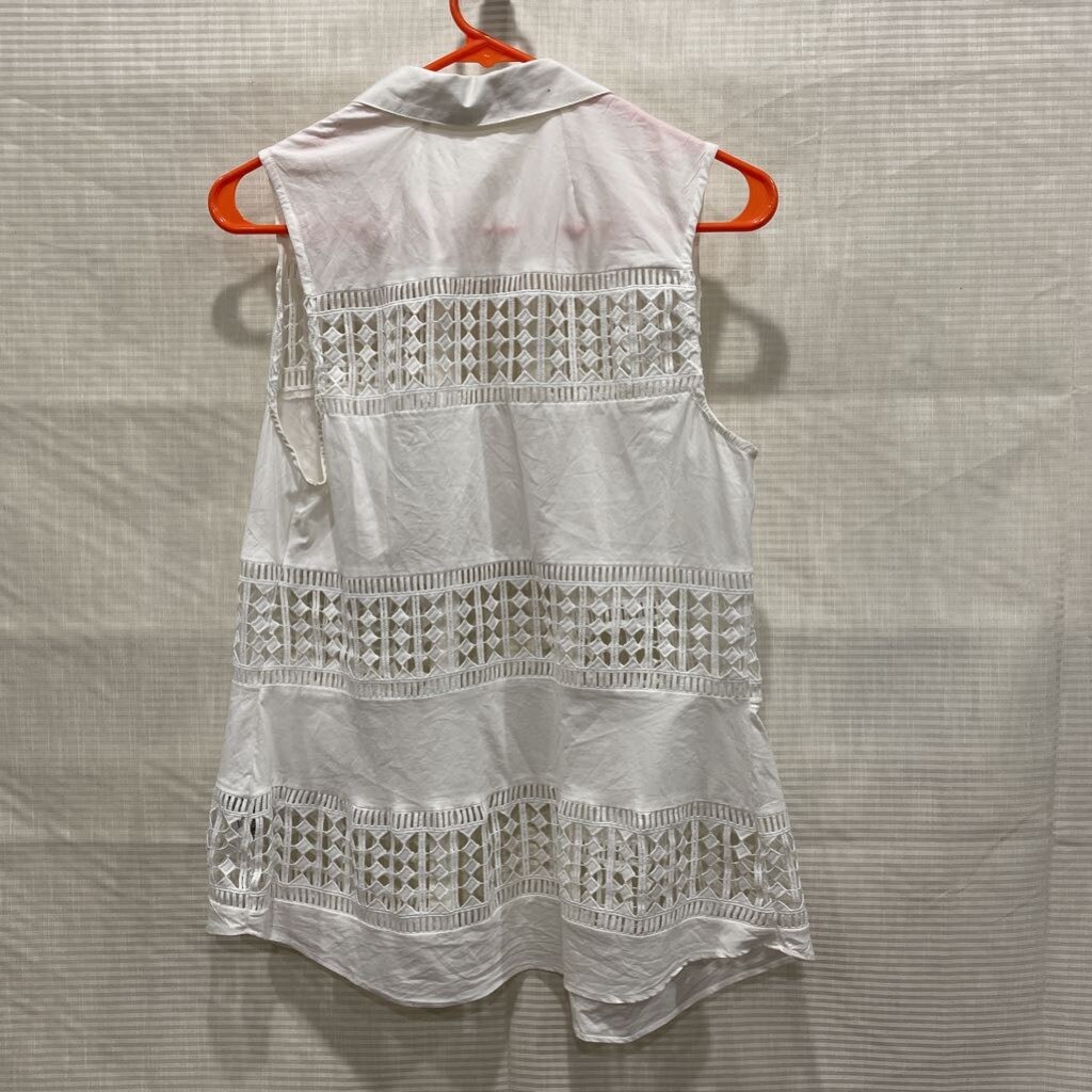 Axel Button Up Shirt White Sleeveless Collar Sheer Chrochet Cut Out Stretch S/38