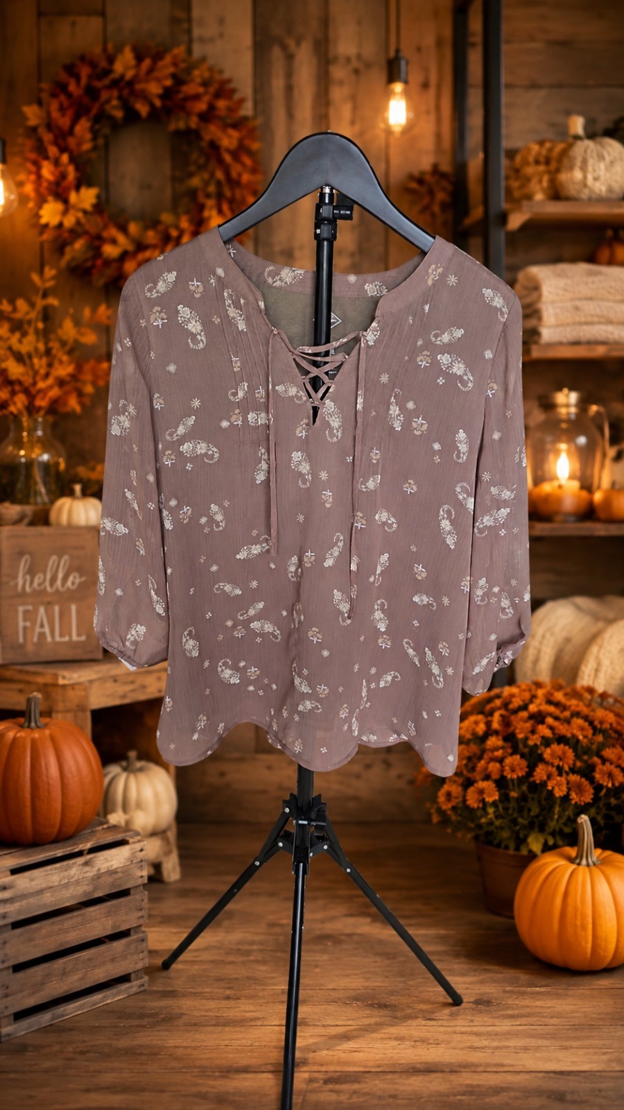 St. John’s Bay Light Brown Floral Lace-Up Blouse 3/4 Sleeve Size