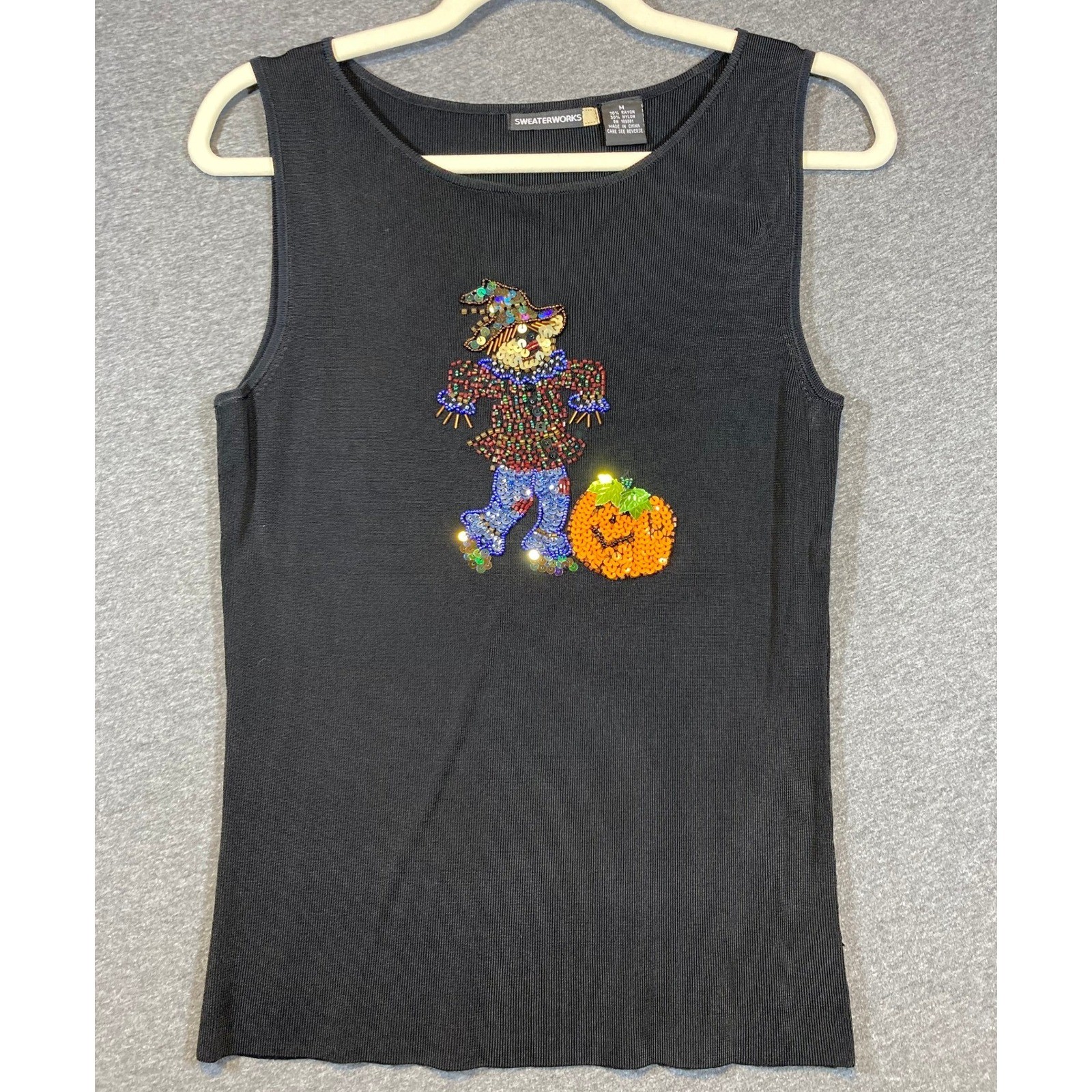 Sweaterworks Womens Black Beaded Scarecrow Pumpkin Halloween Knit Tank Top Med