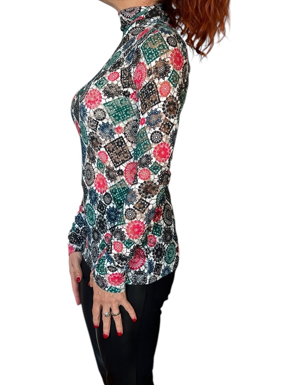 WOMEN’S MSGM MEDALLION GEOMETRIC MESH HIGH NECK LONG SLEEVE BLOUSE TOP 40 4