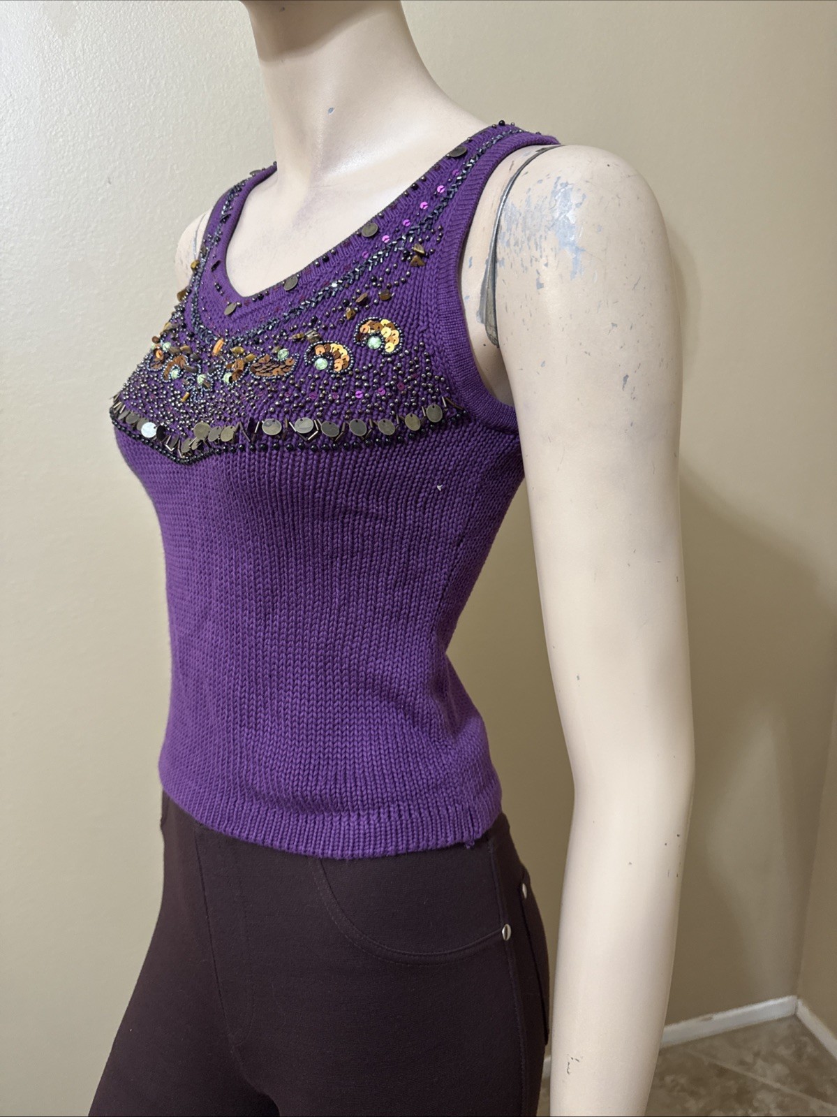 Women’s Purple Cotton Casual Summer Open Stretch Slim Knitted Size L Blouse Top