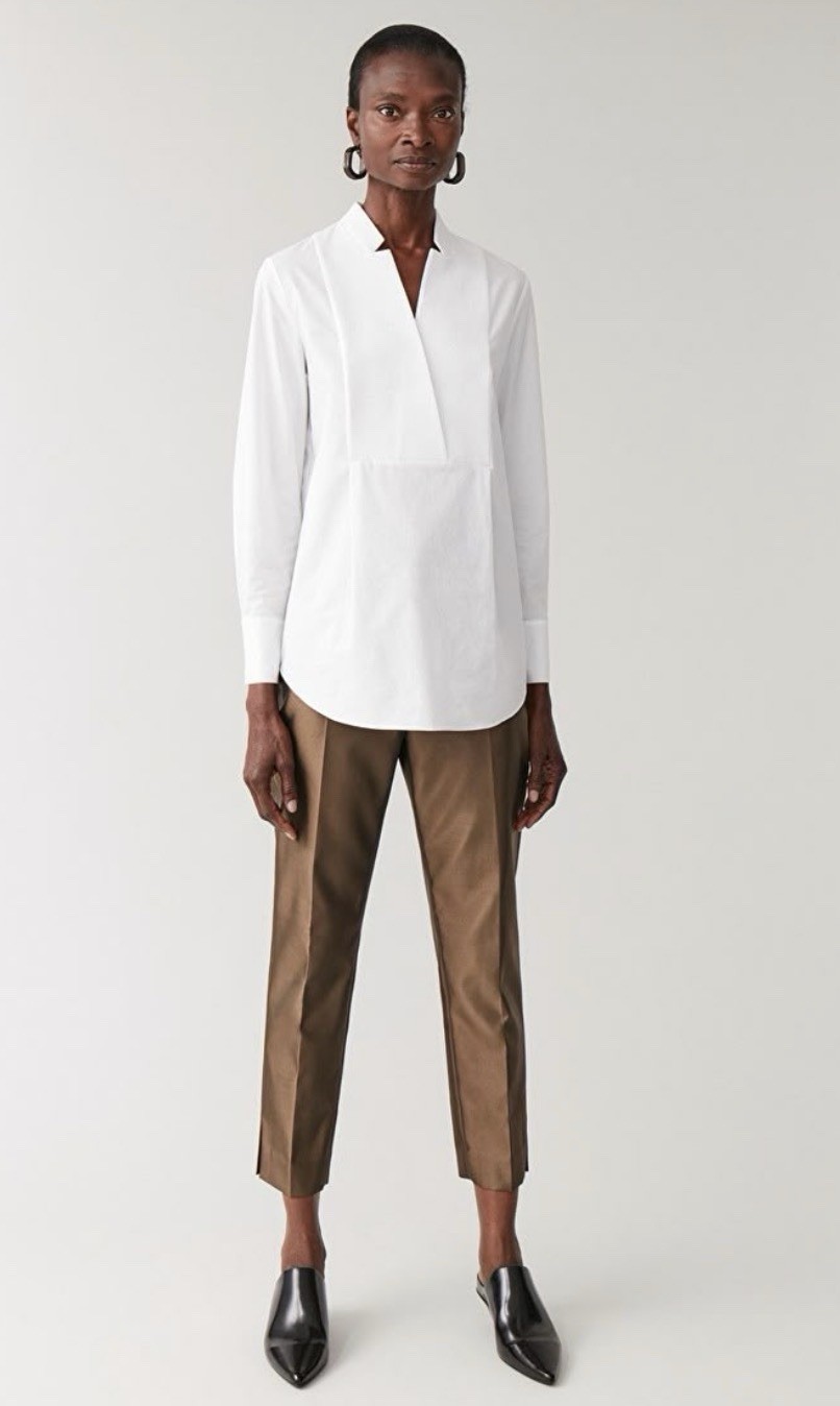 $136 COS White Cotton Popover Blouse Textured Bib Long Sleeve Top EU 40 US 10