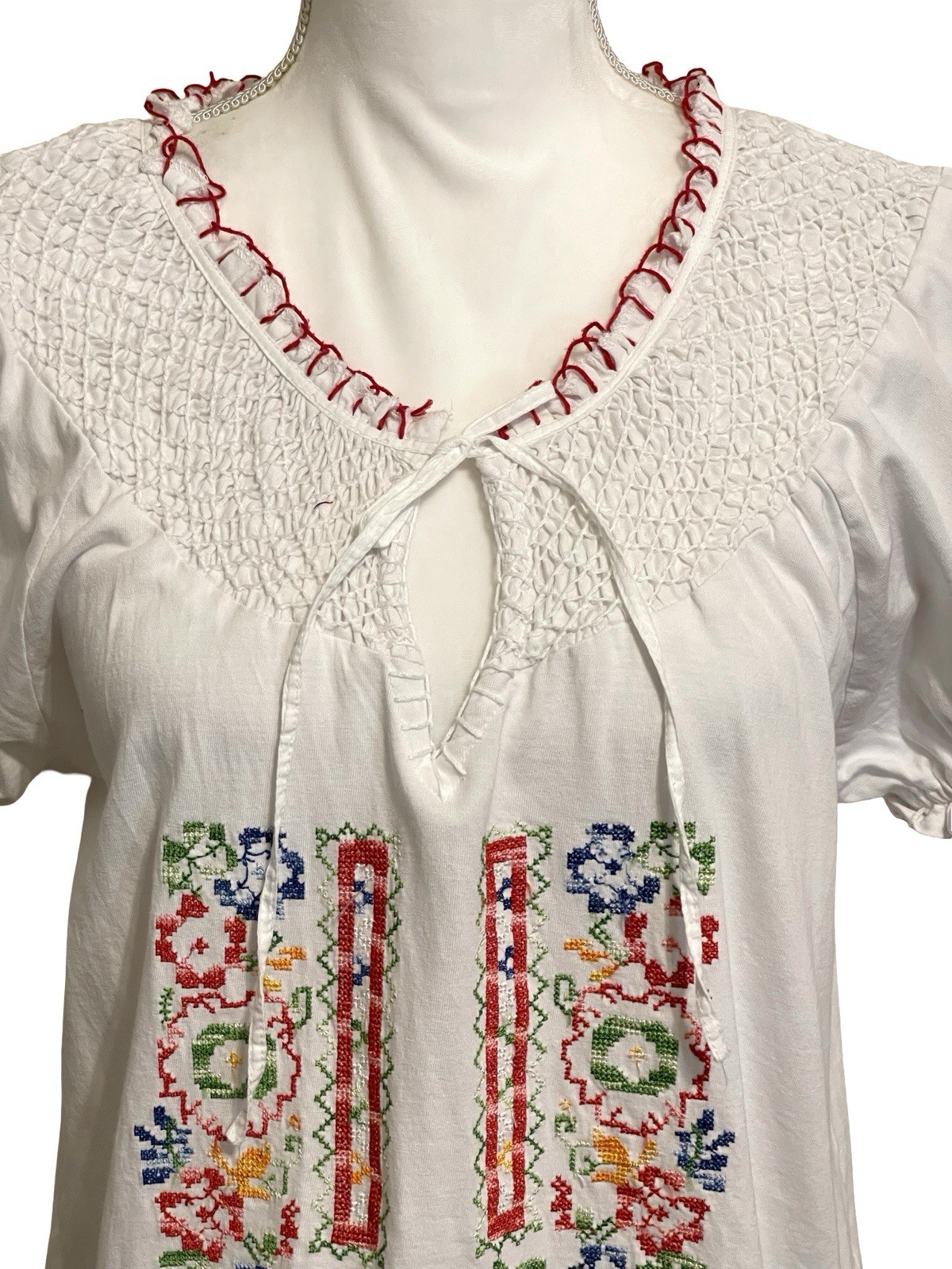 SAHALIE White Embroidered 100% Cotton Boho Peasant Blouse Women’s Size L