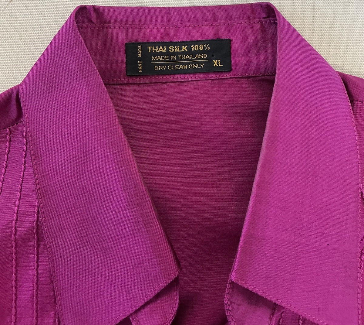 Thai Silk Blouse Size XL Fuschia Decorative Stitching Covered Buttons W/loop