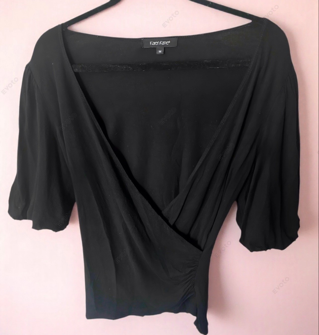 Vintage Karen Kane Black Puff-Sleeve V-Neck Wrap Top. Medium.