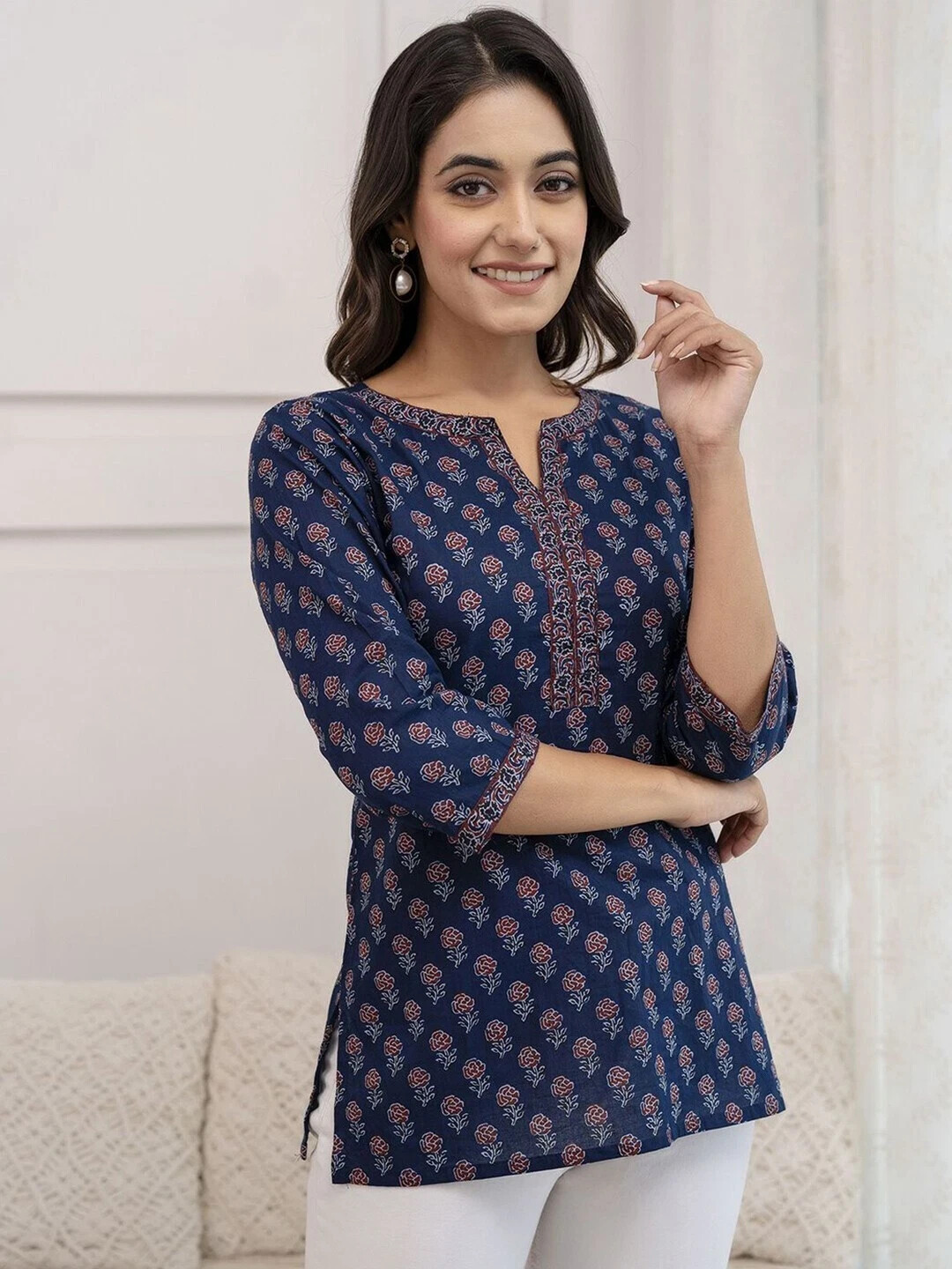 Indian Women Blue Pure Cotton Floral Printed Top Tunic Kurta Kurti New Dress
