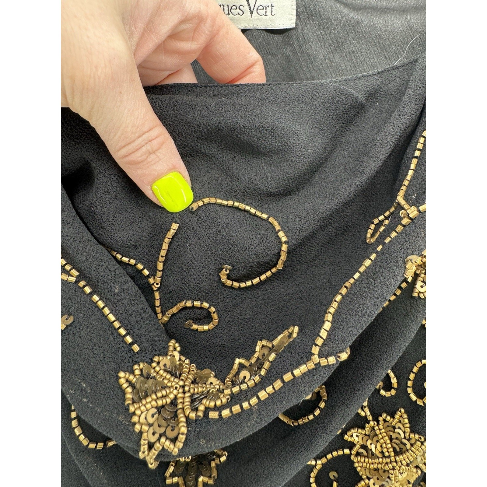 Jacques Vert Beaded Top Sheer Black Gold Beads Size 12 Vintage NWT Flaw