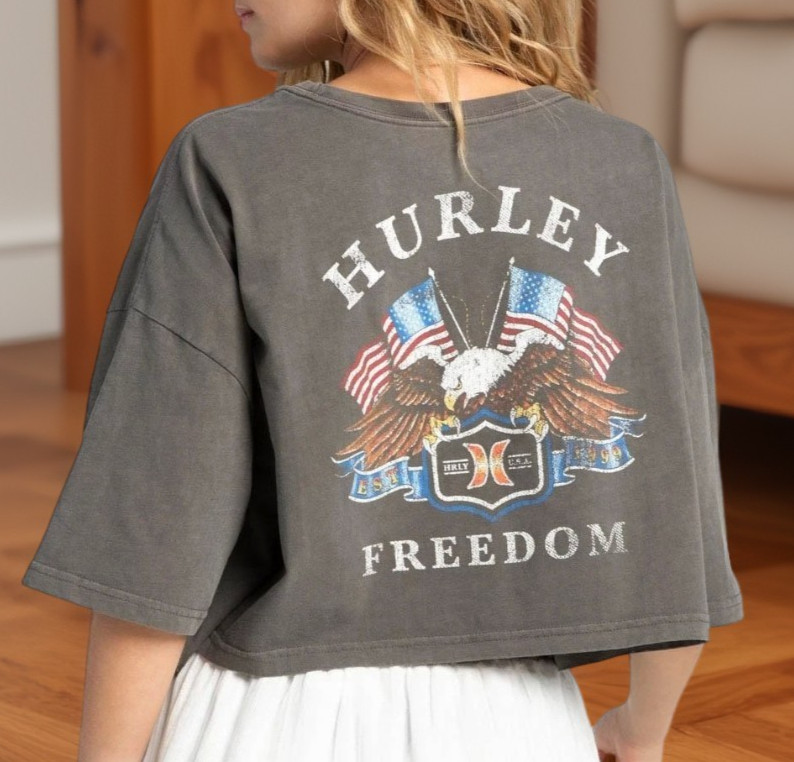 Hurley Womens Brooklyn Crewneck Boyfriend Cropped Tee Black Size L NWT