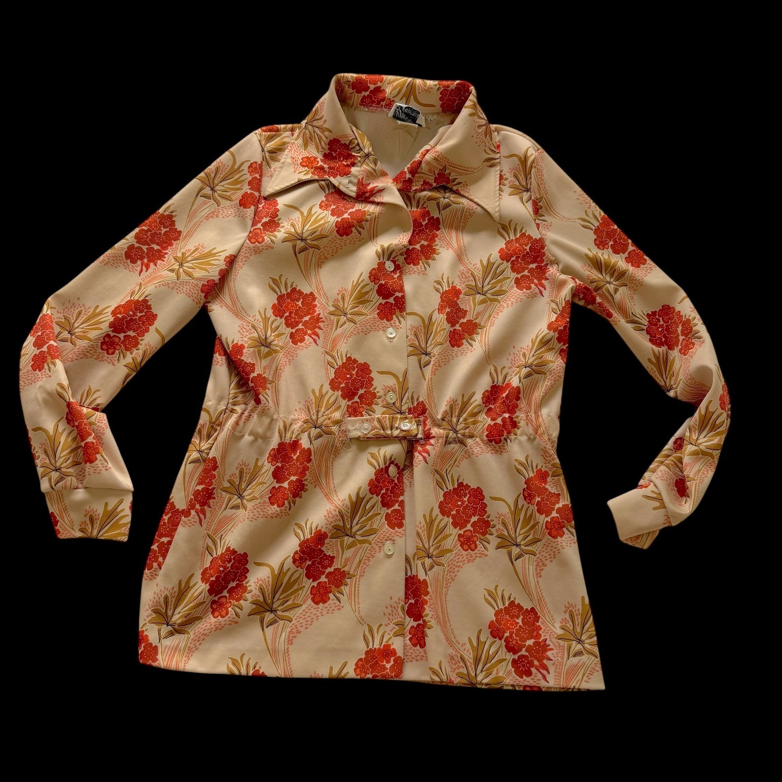 60’s Devonette Polytron Vintage Floral Button Up Blouse Tan Orange Large