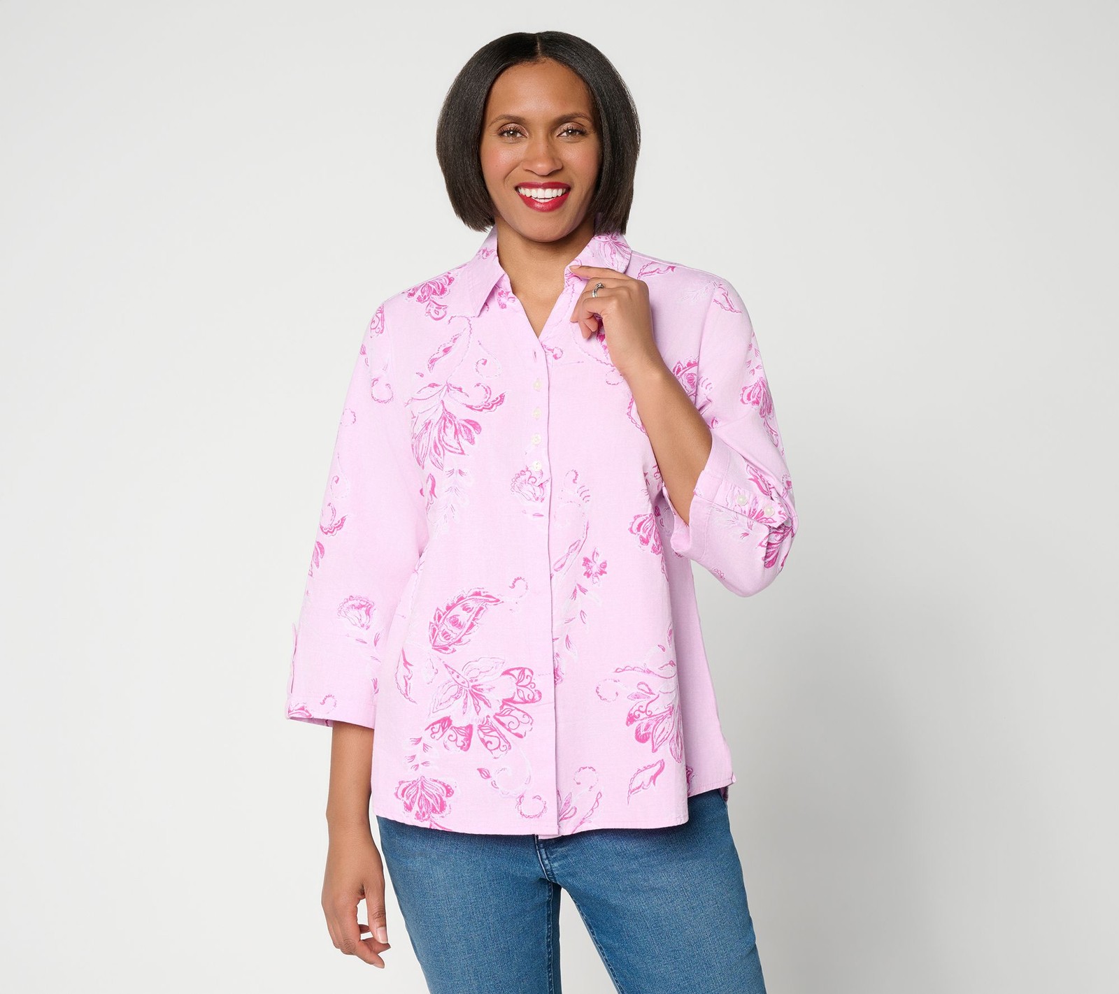 Joan Rivers Classics Collection Printed Chambray Popover with Hidden Placket Pas