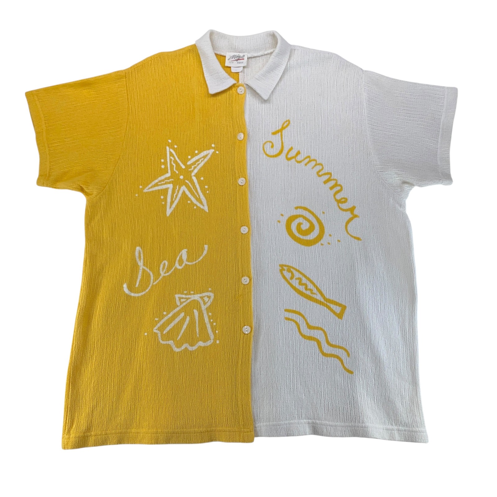 Miyo New York Vintage Blouse Plus Size 3X Yellow White Summer Sea Shells Woven