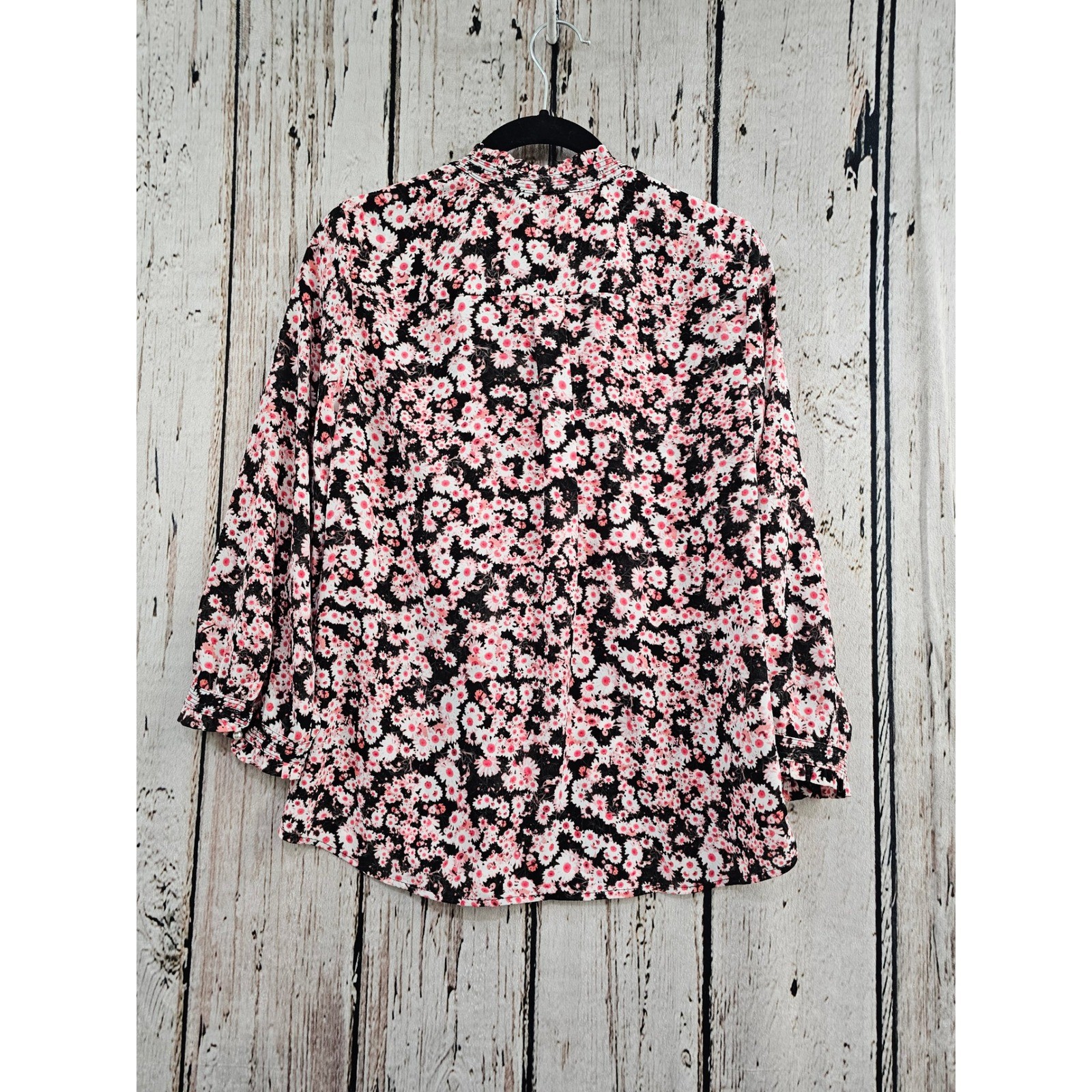 Karl Lagerfeld Paris Floral Blouse Wmns XS Pink Black Daisy Ruffle Pearl Button