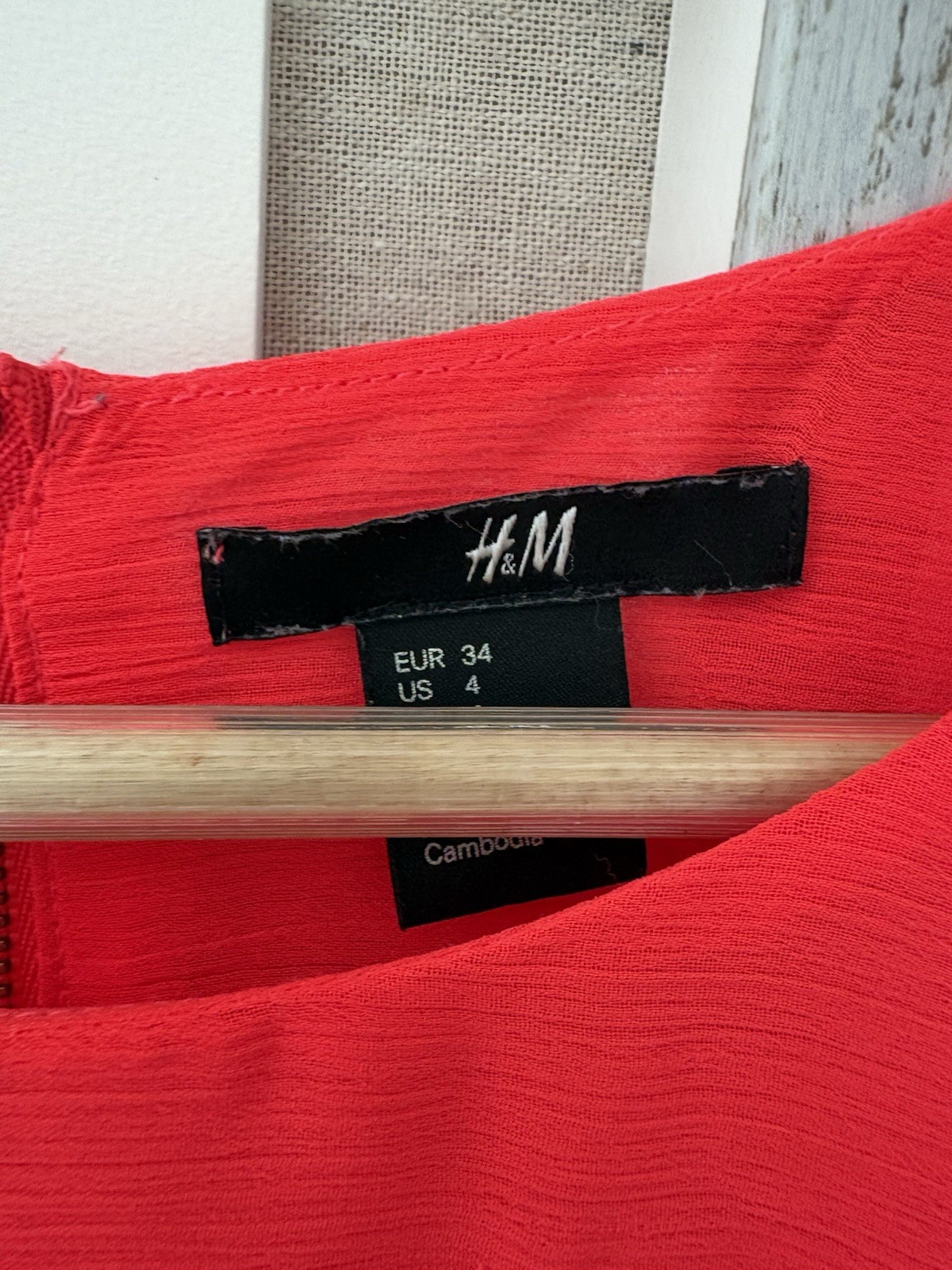 H&M Bright Red Chiffon Blouse Size EUR 34 UK 6 / 8 Long Puff Sleeve Smock Top