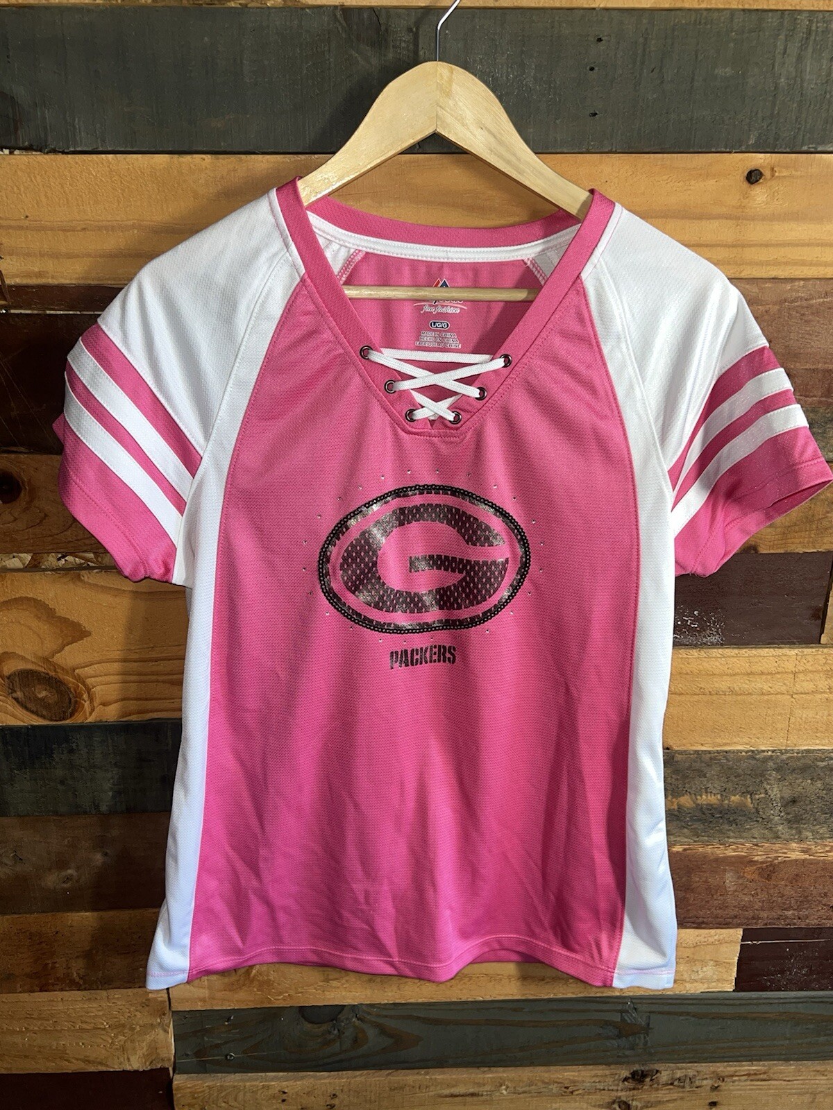 Retro Womens Green Bay Packers NFL Football Pink T shirt Size L Majestic brand