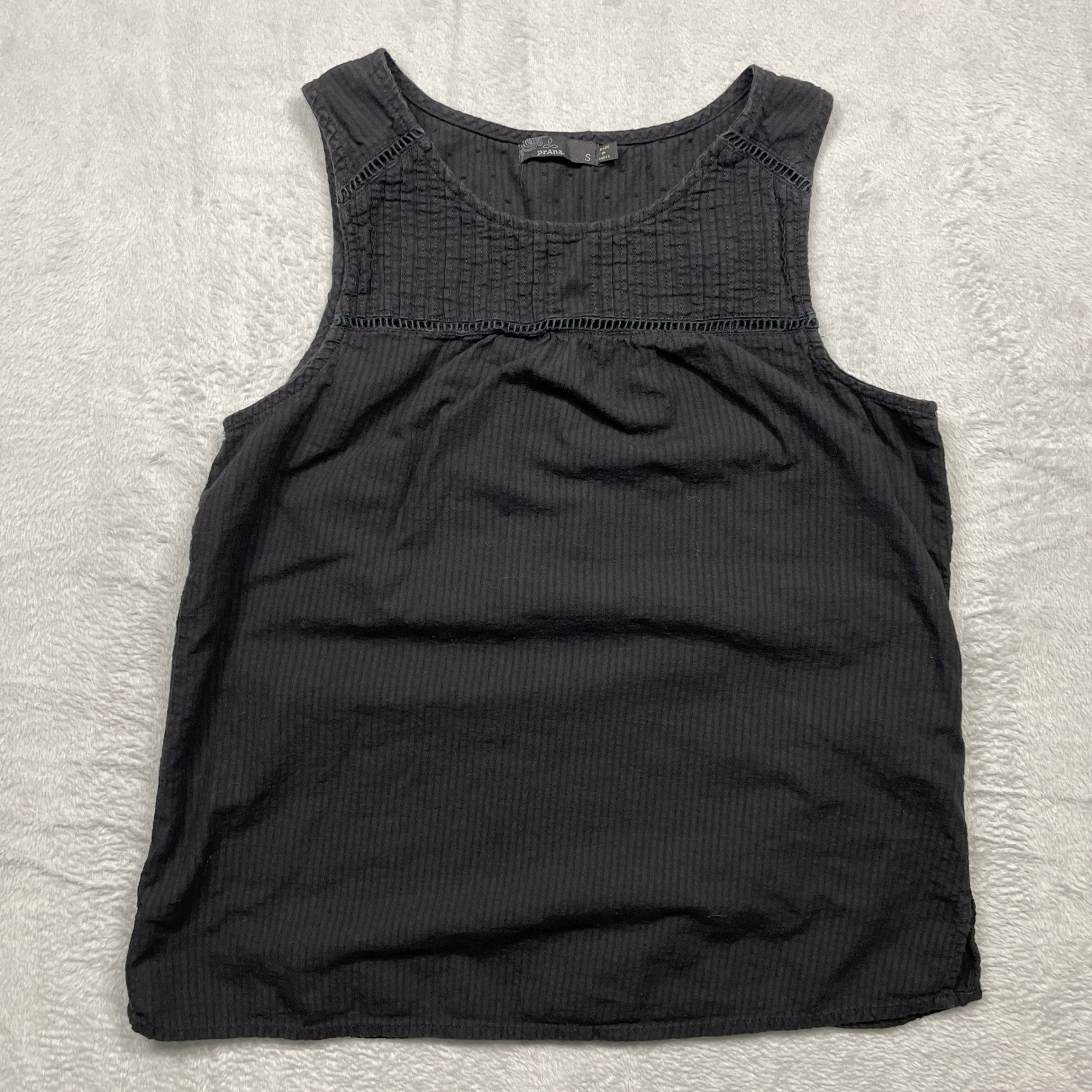 prAna Tank Top Womens S Black Organic Cotton Pintuck Lace Dobby Stripe Boho
