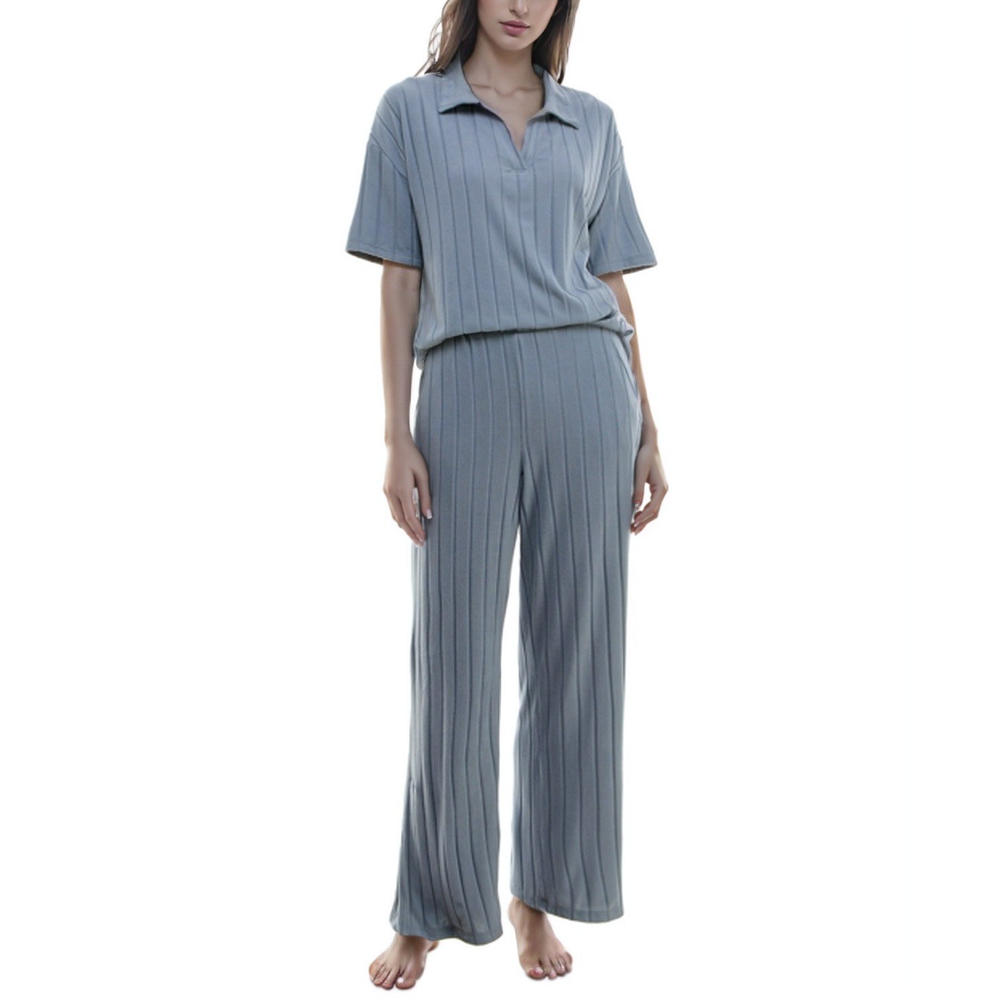 Roudelain Womens Ribbed Polo Pajama Lounge Set Blue XL Wide Leg Pant PJs NWT