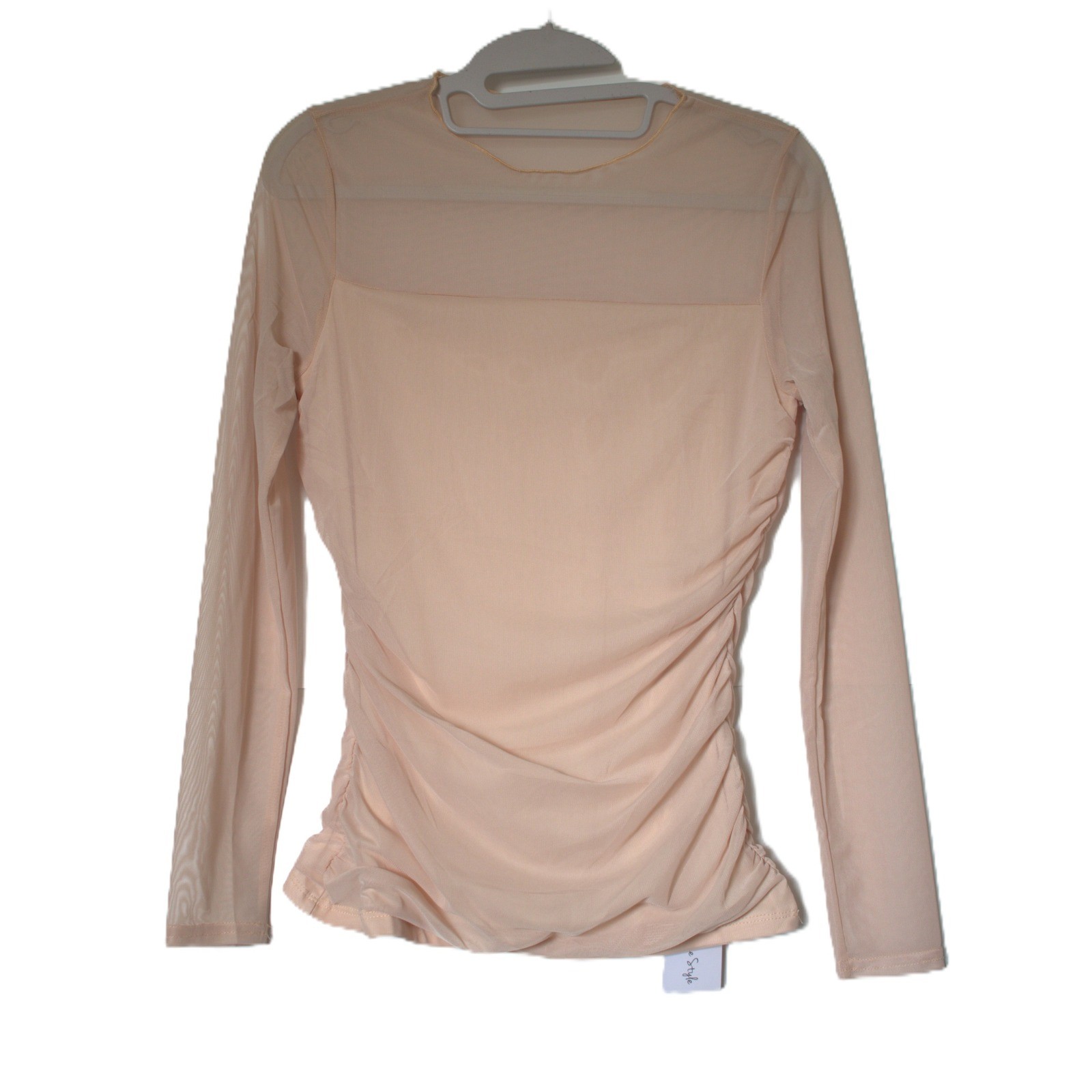 XIEERDUO Womens Peach Mesh Ruched Long Sleeve Top Sheer Yoke Size M