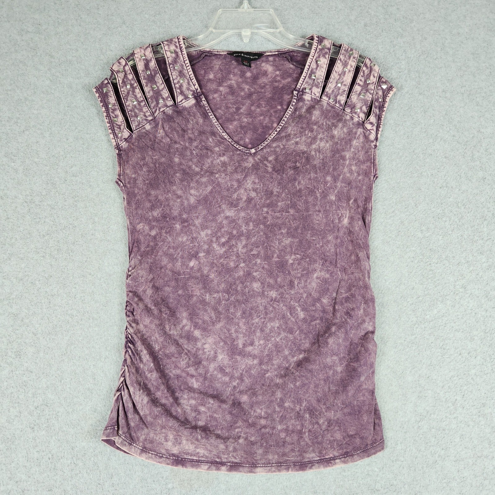 Rock & Republic Top Women XS Purple Acid Wash Studded Cutout Shoulder V-Neck