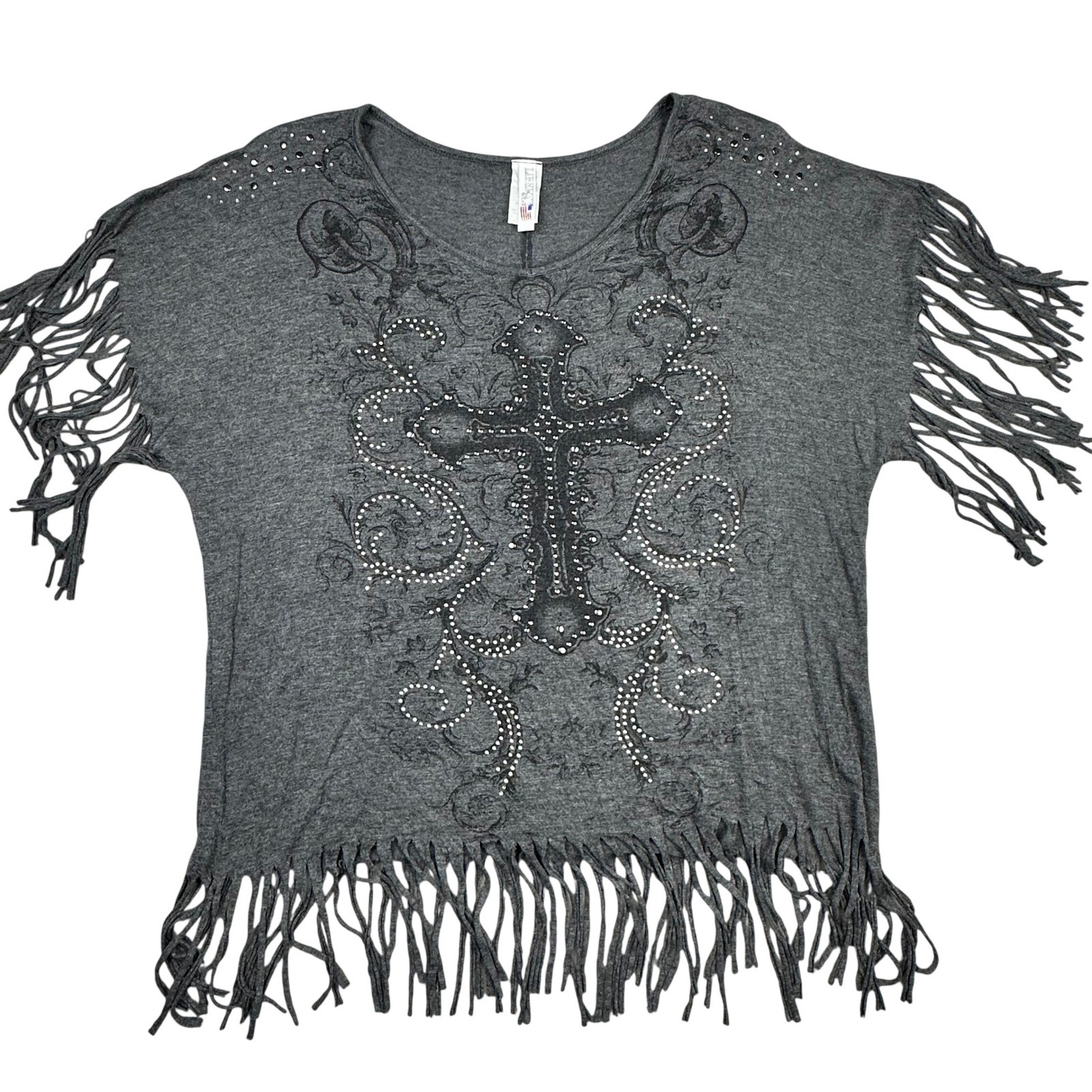 Liberty Wear Womens Gray Rhinestone Cross Fringe Top Large Y2k VTG paper tag USA