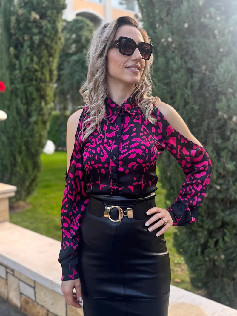 Black Women’s Pink Leopard Print Shirt Cold Shoulder Blouse Satin Top XS-5XL
