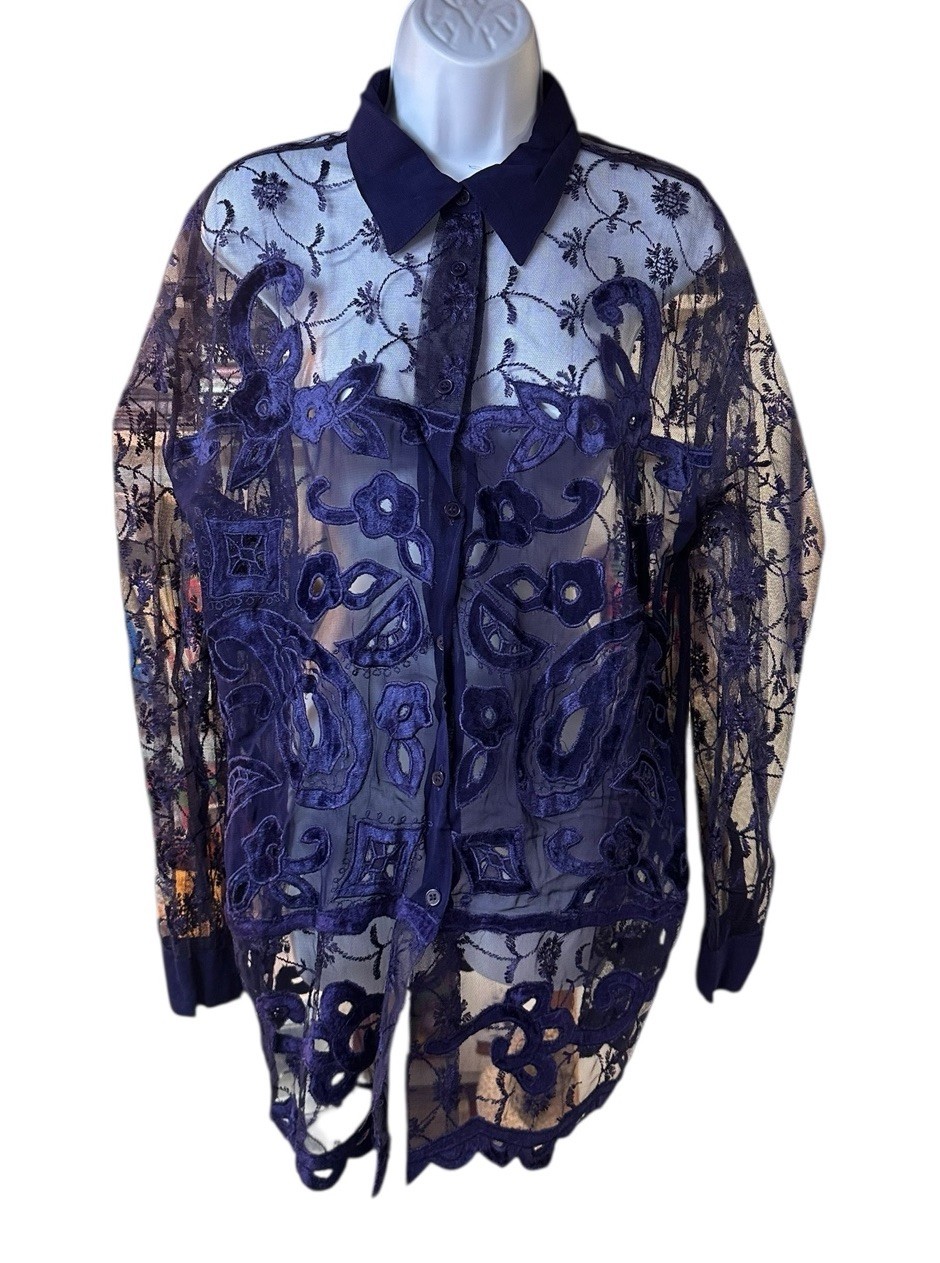 Gantos Sheer Lace Embroidered Blouse Purple Victorian Boho Gothic Romantic Top L