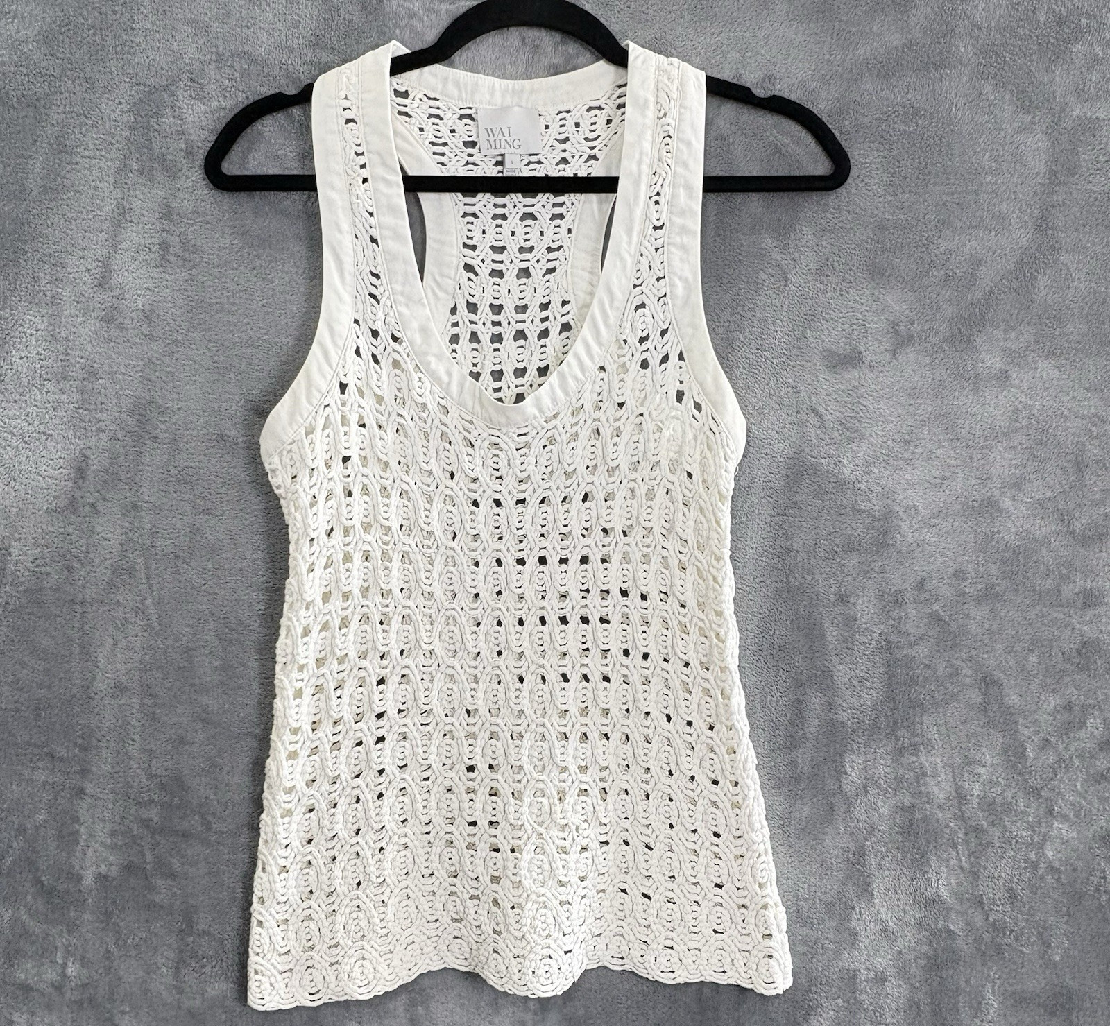 WAI MING Women Open Knit Crochet Racerback Tank Top Sz L White Spring 17-12