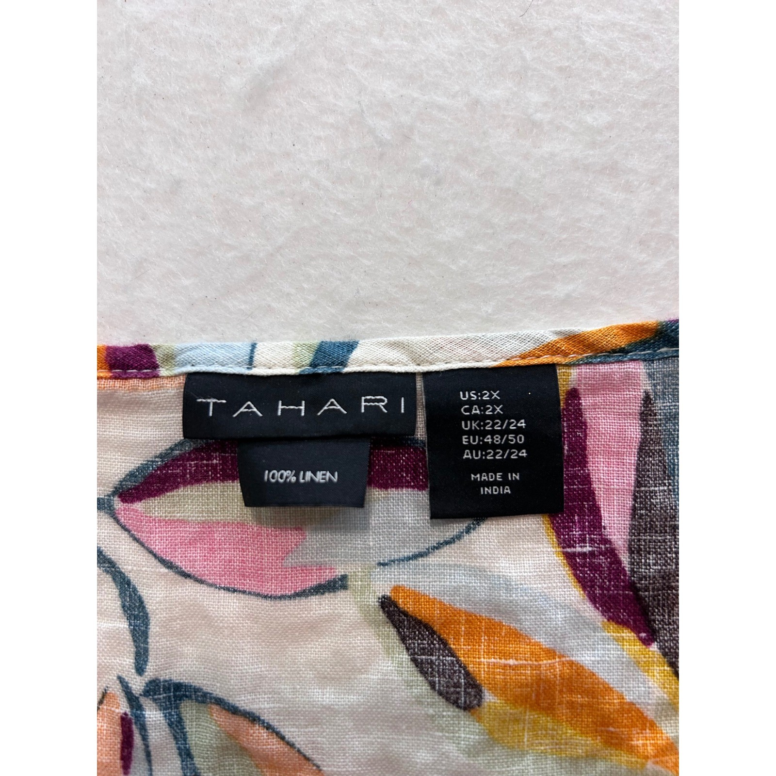 Tahari Womens 2X Linen Tropical Fruit Leaf Print Short Sleeve Blouse Top Multi