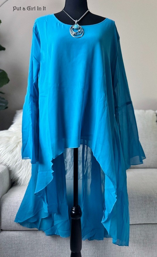 Plus Size Boho Women’s Blue Lined Chiffon Hi Low Flare Tunic Shirt XL 1X 2X 3X