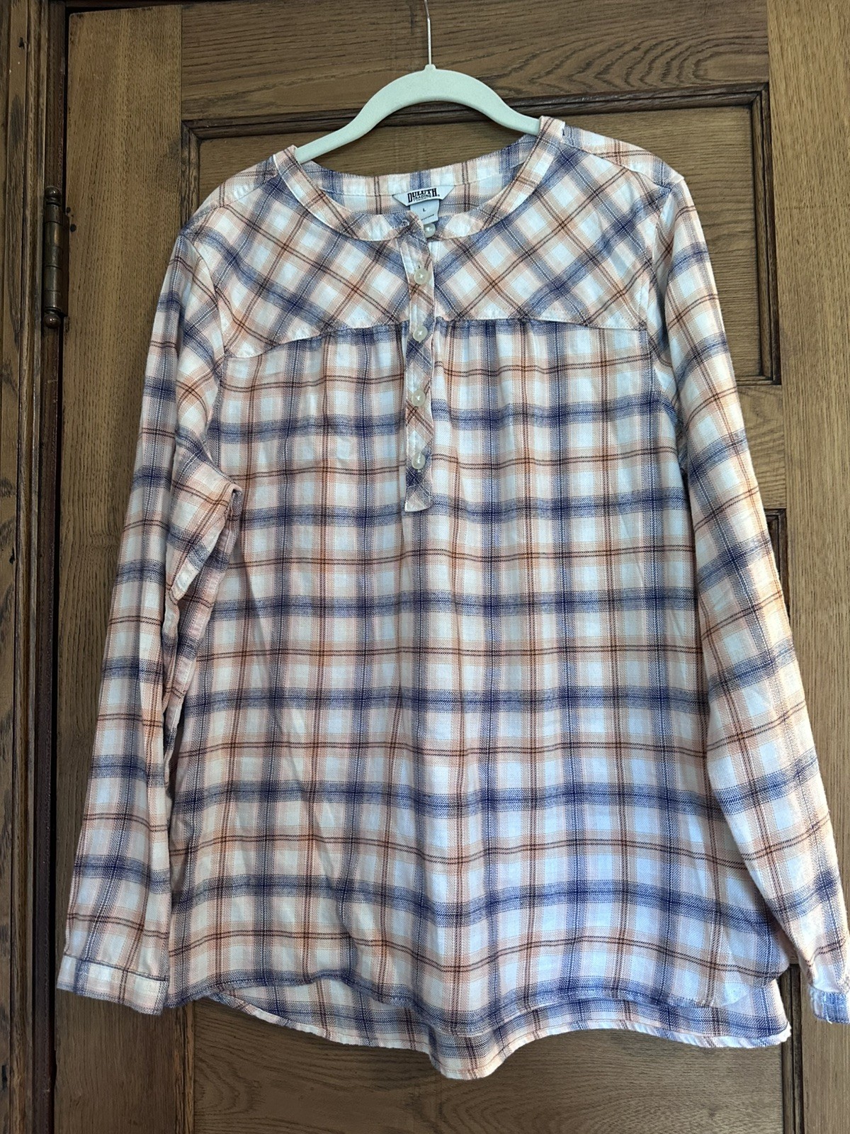 DULUTH TRADING CO. Womens Sz Large Seawool Lightweight Flannel Blouse Top Plaid