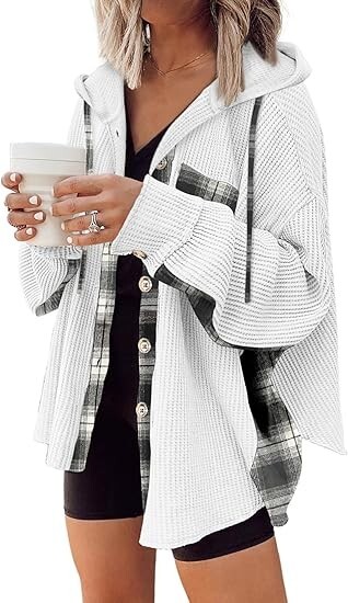 SHEWIN Womens Waffle Knit Plaid Shacket Button Down Shirt Jacket Loose White