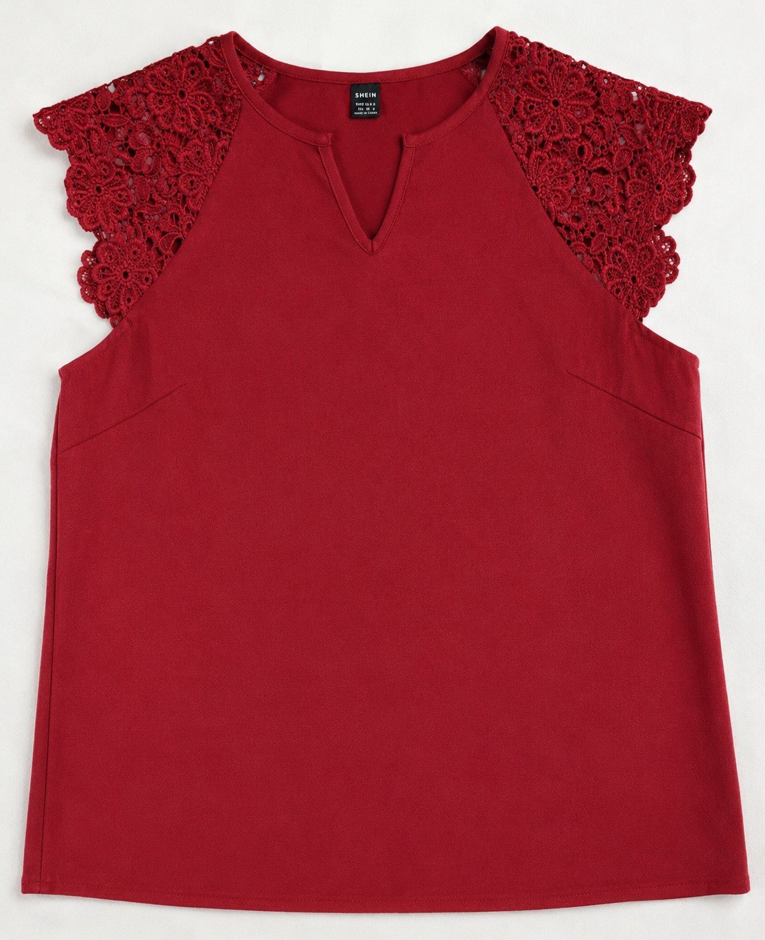 Women’s Burgundy Lace Sleeve Blouse Size M SHEIN Crochet Floral Split Neck Top