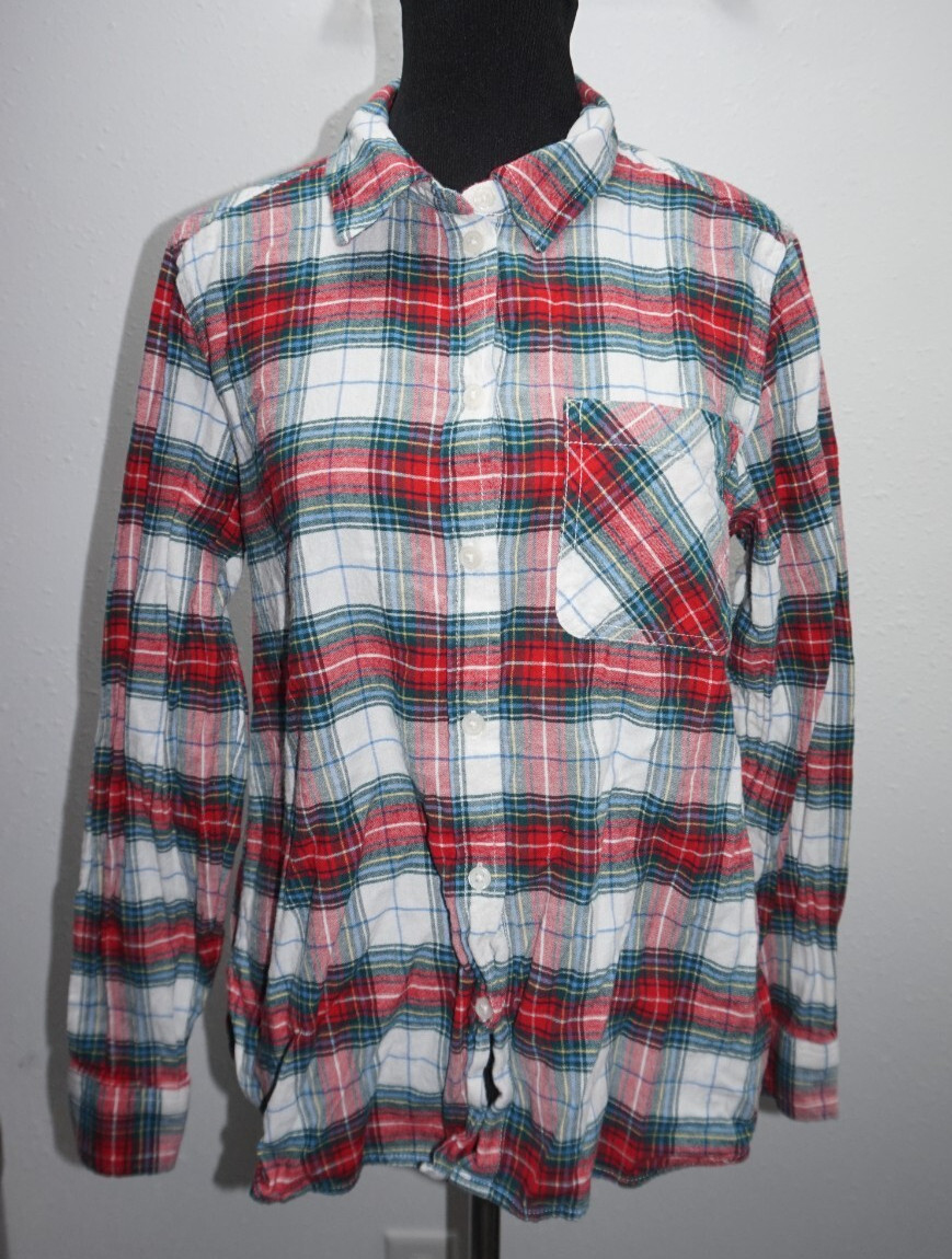 Time and Tru Red Green White Blue Plaid Flannel Shirt Womens Sz S Chest Pocket