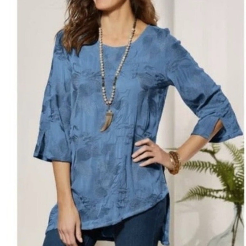 Soft Surroundings Cecile Tunic Top L Deep Water Blue Embroidered Boho Lagenlook
