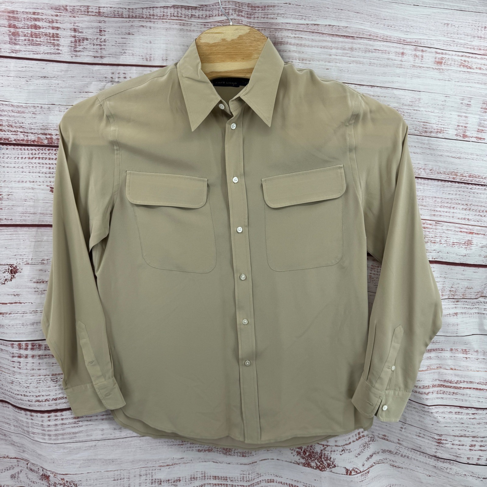 Polo Ralph Lauren Shirt Blouse Size 14 Tan Mulberry Silk Button Down Pockets