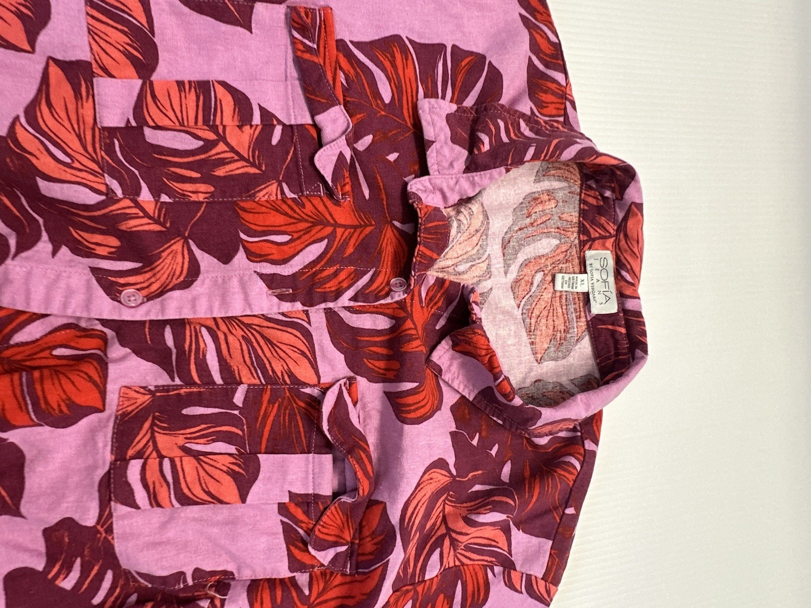 Tropical Pink Sofia Vergara Button Up Long Sleeve Linen Blouse Women Sz XL