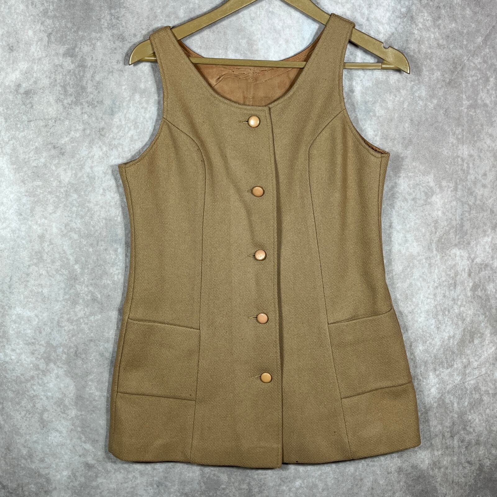 Vintage 1940s 100% Wool Vest Womens Small Brown Straw Button Front Pockets